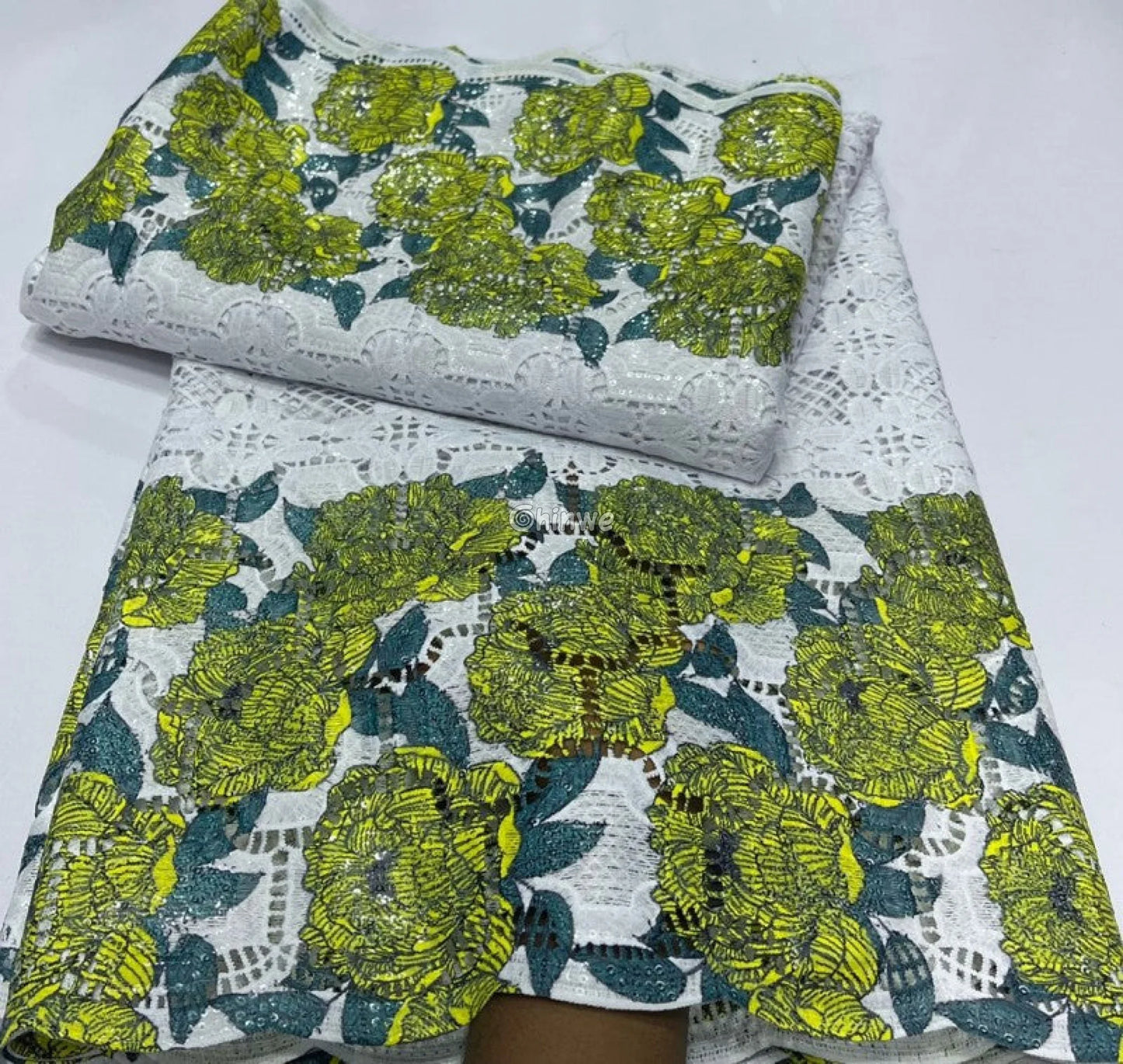 Sequin-Embroidered Mesh Lace with Geometric Grid Overlay & Scalloped Floral Border Fabric Lace
