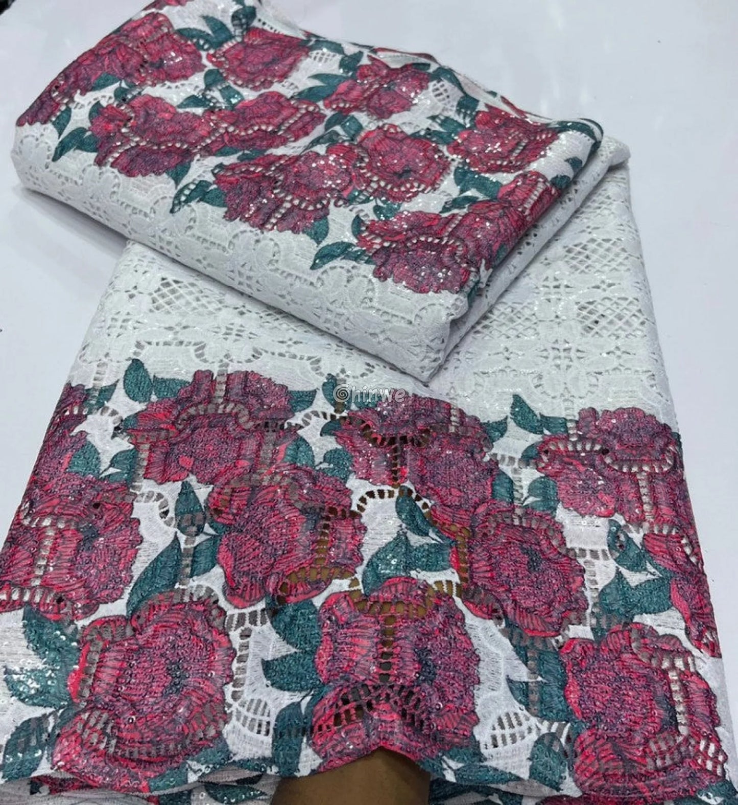 Sequin-Embroidered Mesh Lace with Geometric Grid Overlay & Scalloped Floral Border Fabric Lace