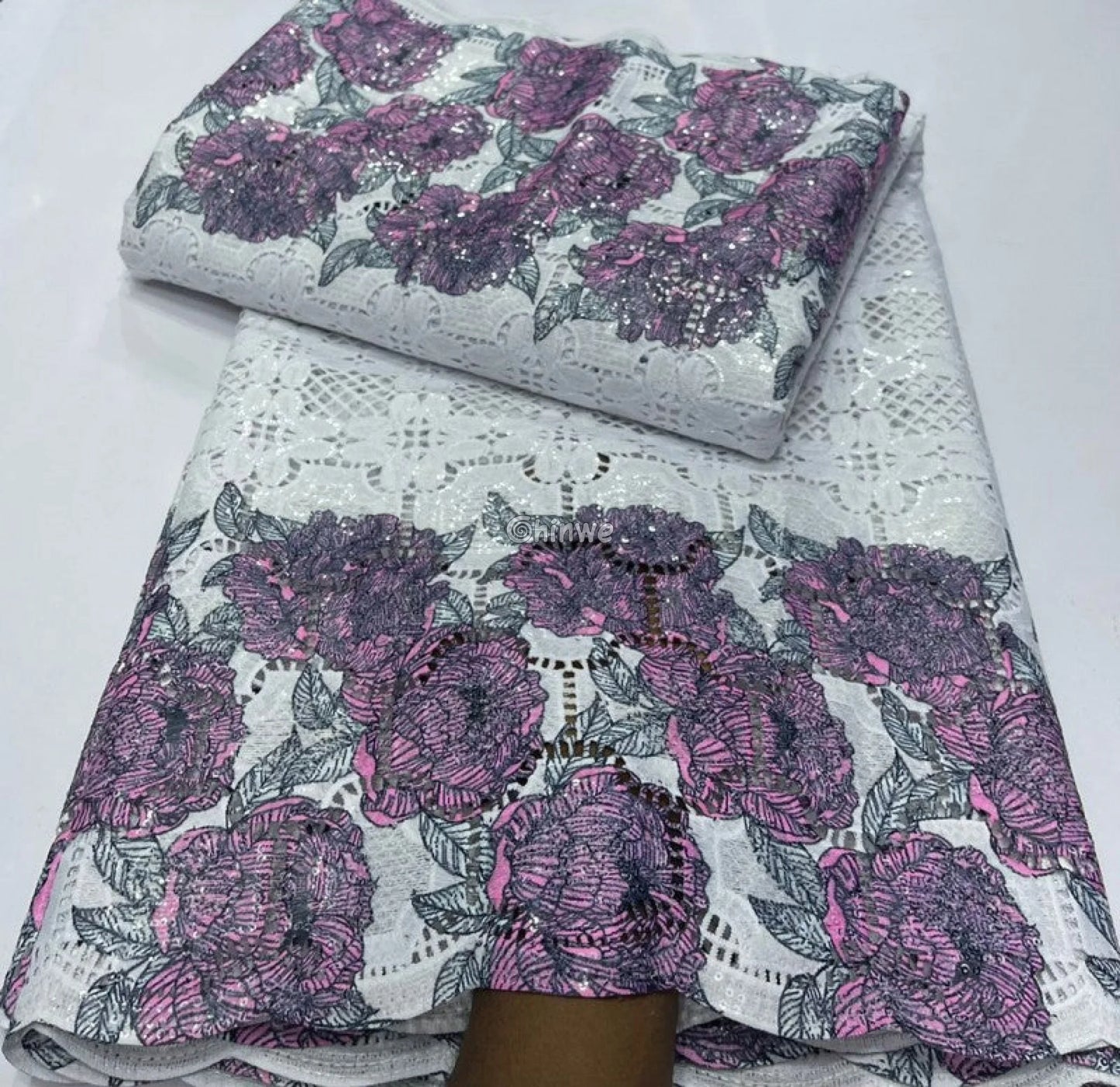 Sequin-Embroidered Mesh Lace with Geometric Grid Overlay & Scalloped Floral Border Fabric Lace