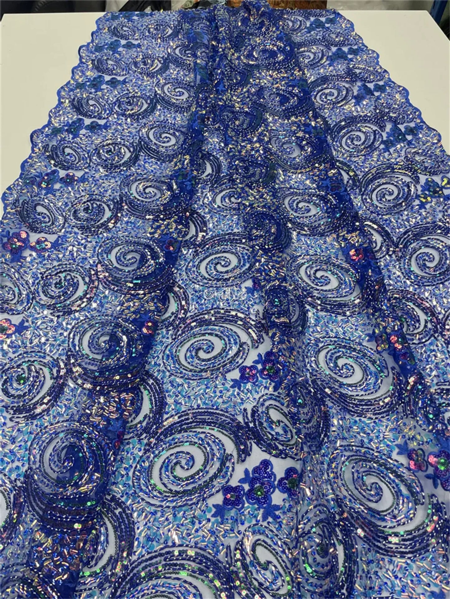 Sequined Spiral Paisley Lace with Beaded Floral Detailing on Sheer Mesh Base African Wax Print Fabric