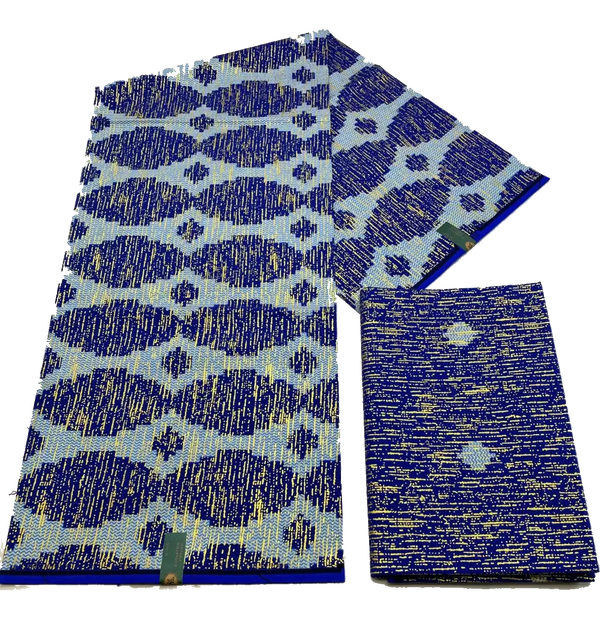 Royal Blue and Light Blue Kente Gold Wax Print Fabric – Ikat Diamond Scale, 6 Yards