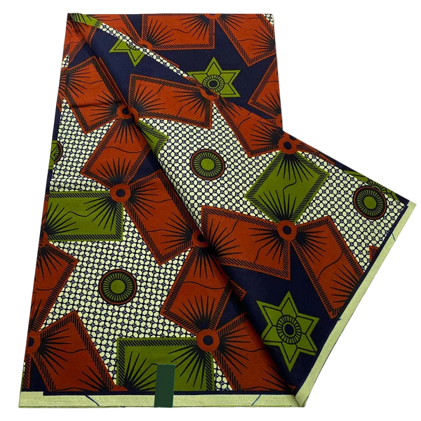 Rust Star and Kite Ankara Wax Print Fabric – Orange, Olive and Navy Geometric, 6 Yards
