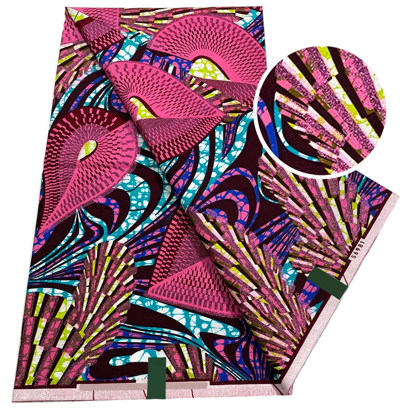 Magenta Fan Ankara Flash Gold Wax Print Fabric – Pink Peacock Fans with Lime Accents, 6 Yards