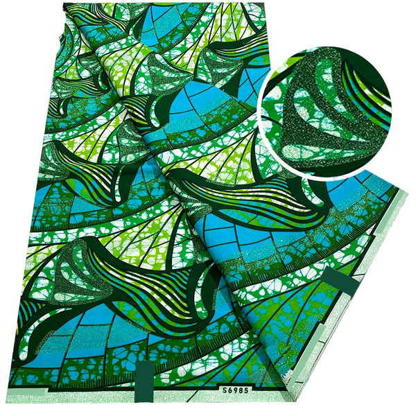 Emerald Fan Ankara Flash Gold Wax Print Fabric – Green Leaf Fans on Turquoise, 6 Yards
