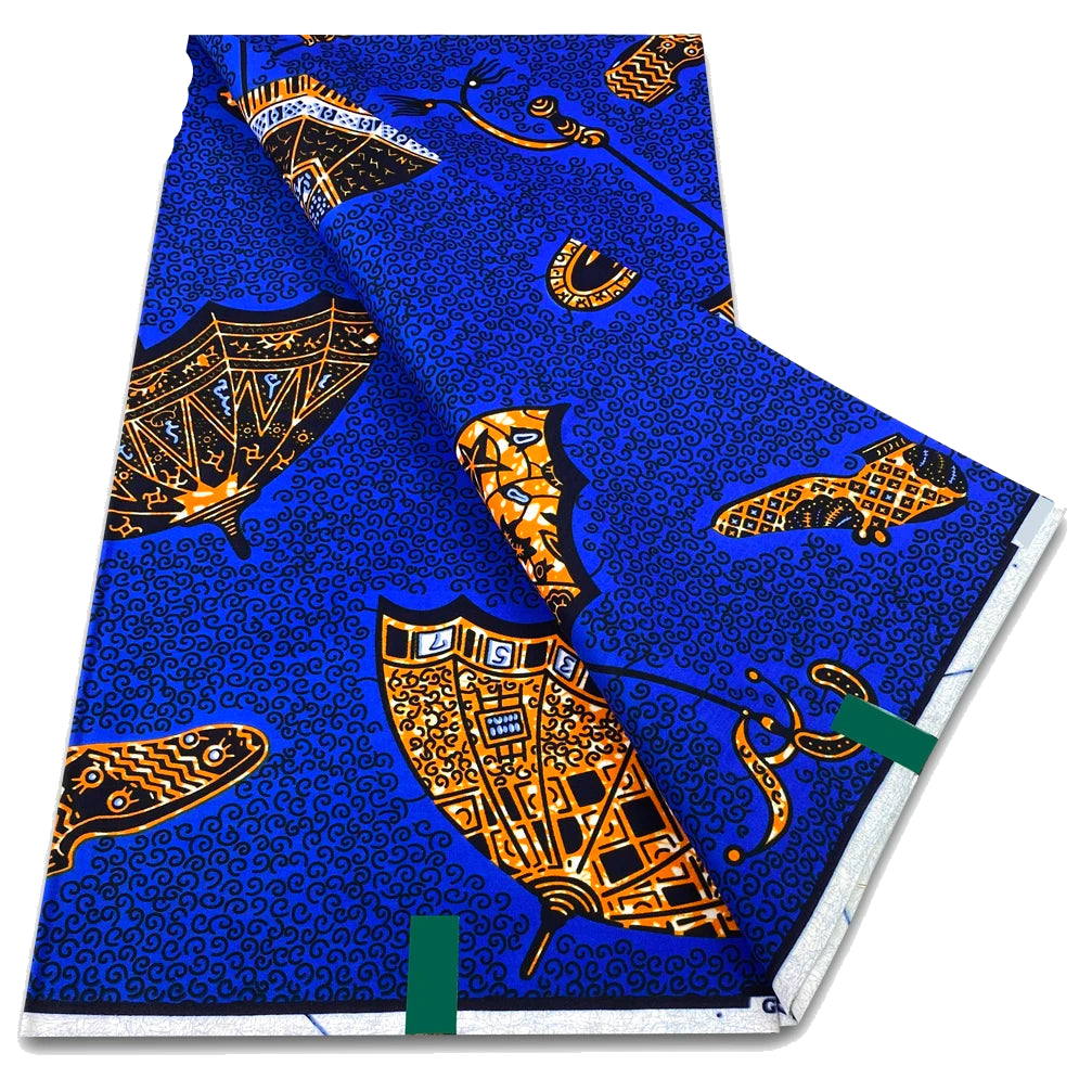 Royal Blue and Gold Fish Motif Ankara Wax Print Fabric, 6 Yards