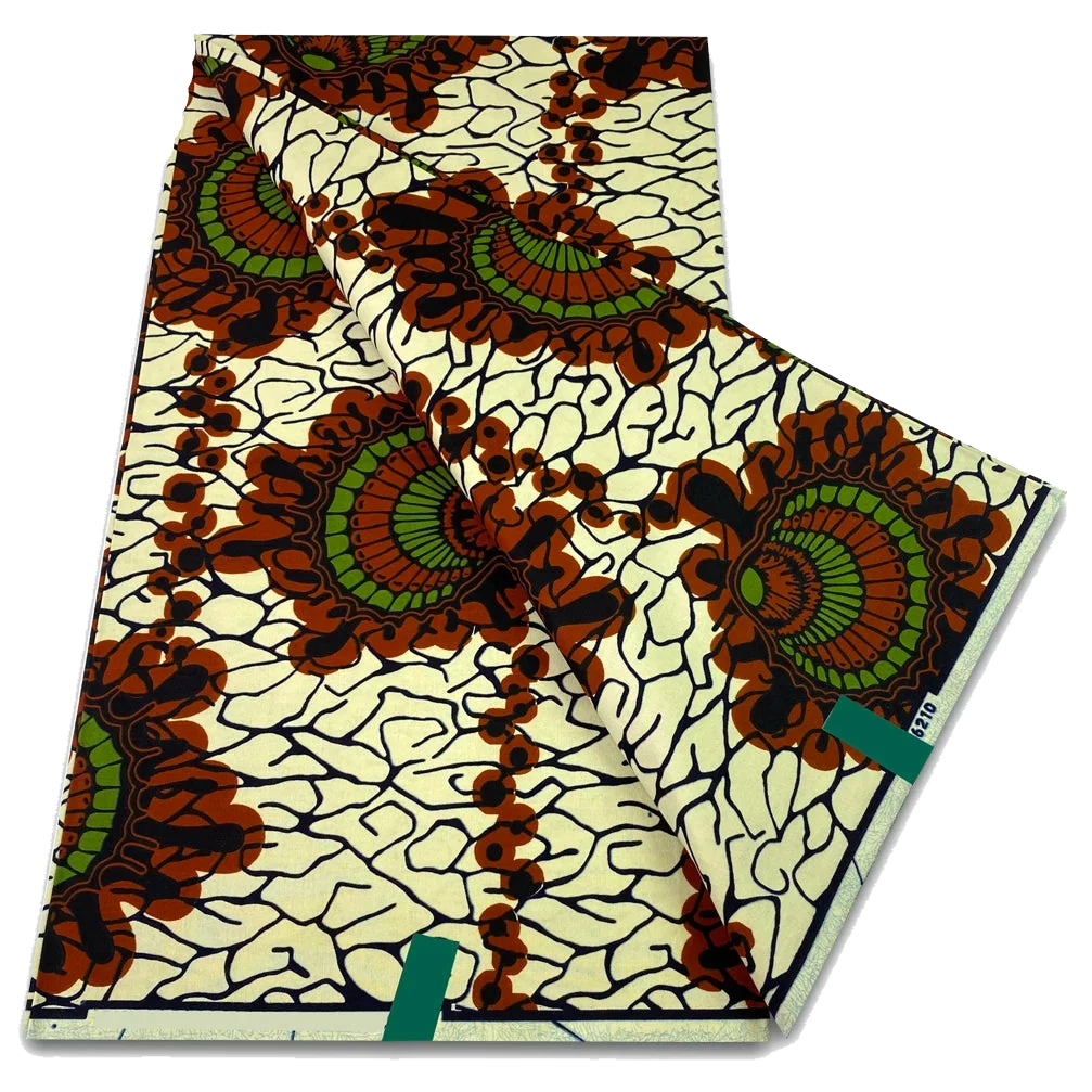 Cream and Rust Flower Medallion Ankara Wax Print Fabric, 6 yards