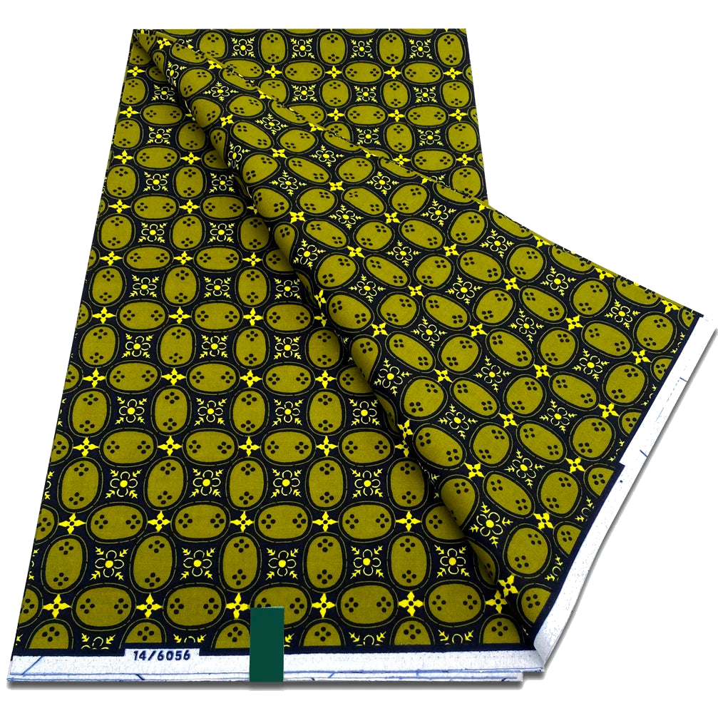 Olive and Black Geometric Tile Ankara Wax Print Fabric, 6 Yards