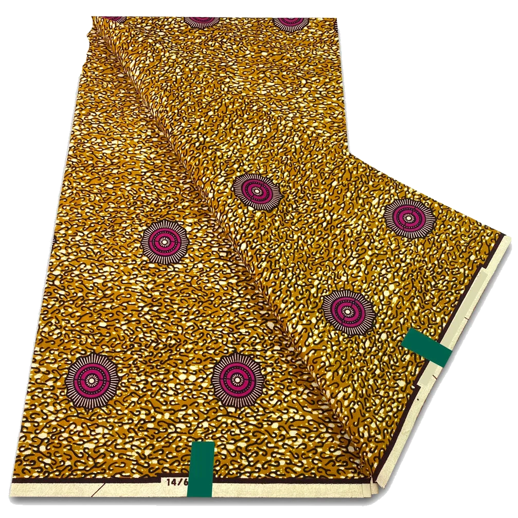 Gold and Magenta Ring Ankara Wax Print Fabric, 6 yards
