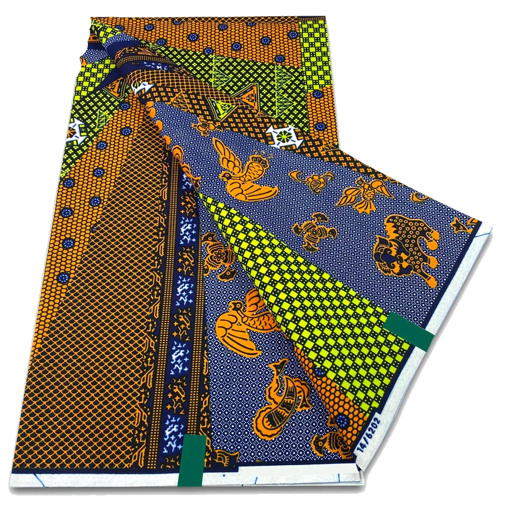 Blue and Orange Bird Patchwork Ankara Wax Print Fabric, 6 yards