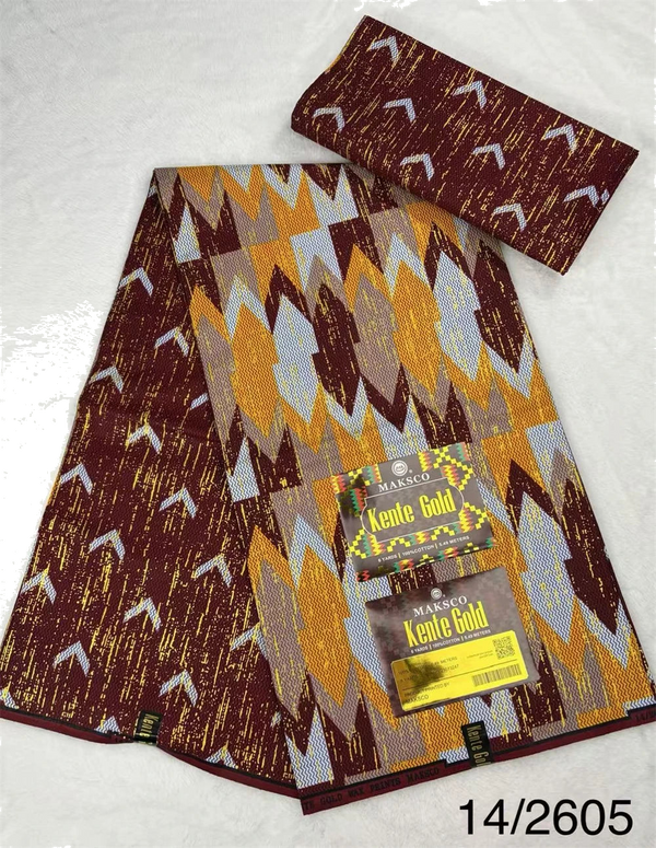 Burgundy, Mustard and Grey Kente Gold Wax Print Fabric – Block Chevron, 6 Yards