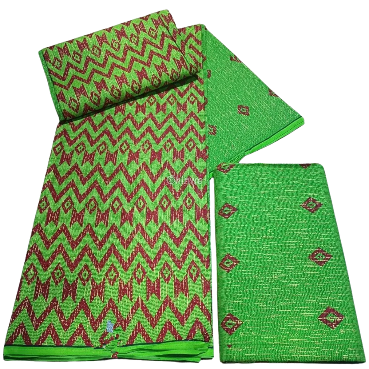 Lime Green & Red Kente Brocade with Zigzag Chevron Motif and Metallic Thread Highlights