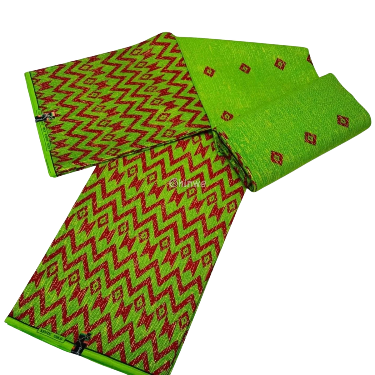 Lime Green & Red Kente Brocade with Zigzag Chevron Motif and Metallic Thread Highlights