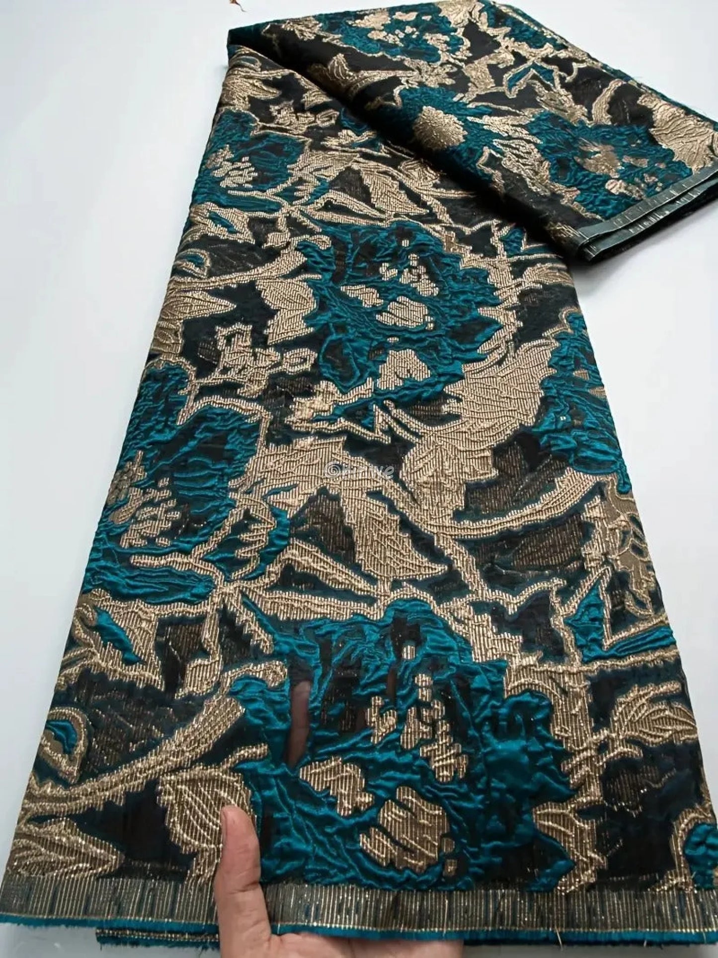 Textured Damask & Brocade Lace Fabric with Raised Floral Motif and Metallic Sheen Gradient Lace