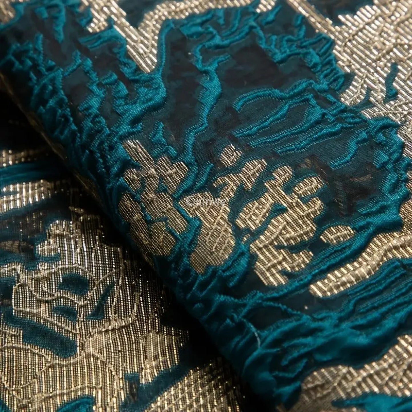Textured Damask & Brocade Lace Fabric with Raised Floral Motif and Metallic Sheen Gradient Lace