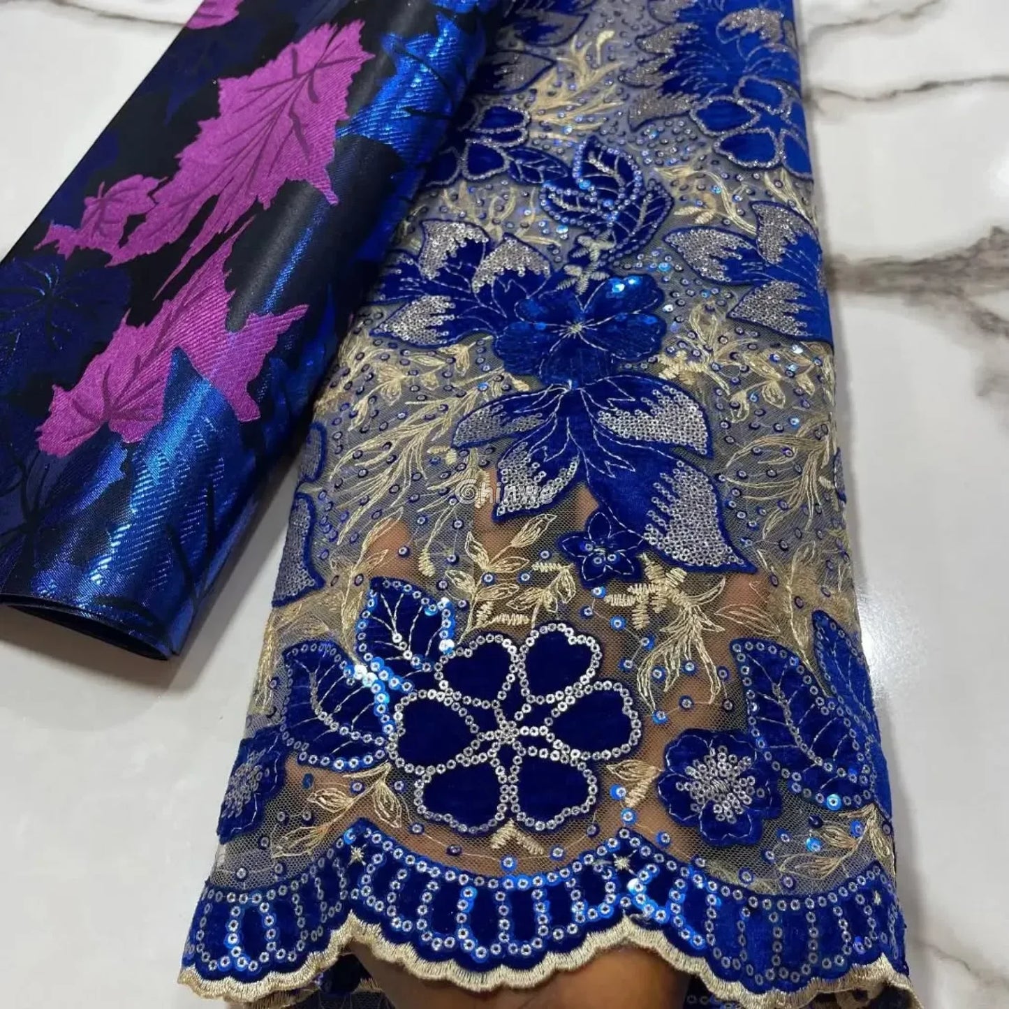 Velvet Lace with Floral Embroidery Sequin Highlights & Scalloped Edge on Sheer Mesh Base Lace