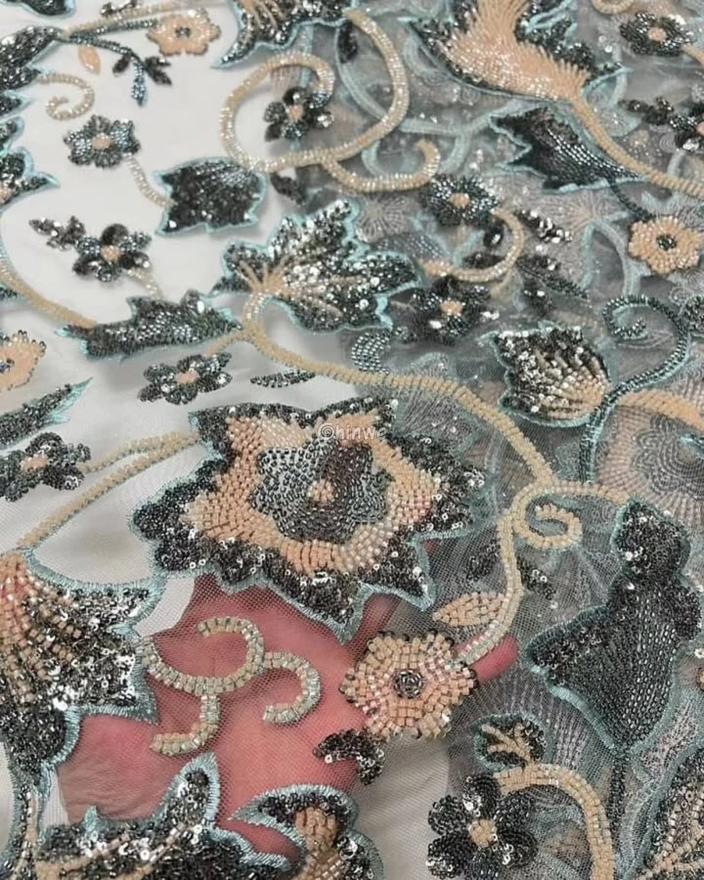 3D Floral Beaded Tulle Lace with Hand Embroidery & Sequins on Mesh Net Base Lace