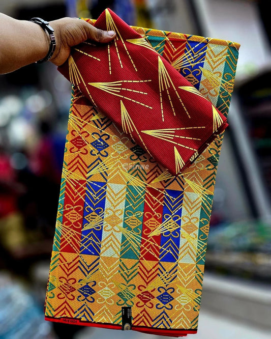 Multicolor Red Green & Gold Kente Brocade with Geometric Blocks and Metallic Streak Accents Royal Ember & Goldburst