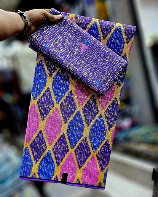 Purple Blue & Pink Kente Brocade with Elongated Diamond Motif and Metallic Gold Accents Sapphire Bloom Kente / 6yards