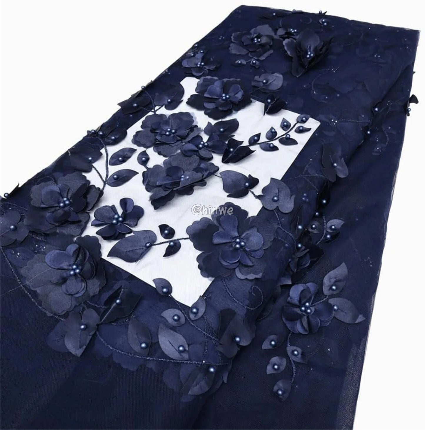 vory Blush Pink Peach & Scarlet Red 3D Floral Appliqué Mesh Lace with Beaded Embroidery Navy Blue / 5Yards / 120cm