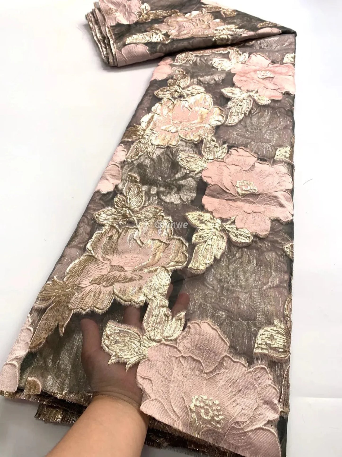 Jacquard Brocade Floral Lace Fabric with Metallic Embroidery and Sheer Mesh Backing Overlay Lace
