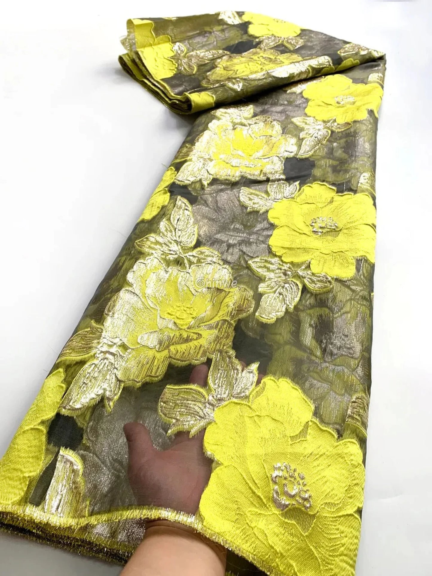 Jacquard Brocade Floral Lace Fabric with Metallic Embroidery and Sheer Mesh Backing Overlay Lace