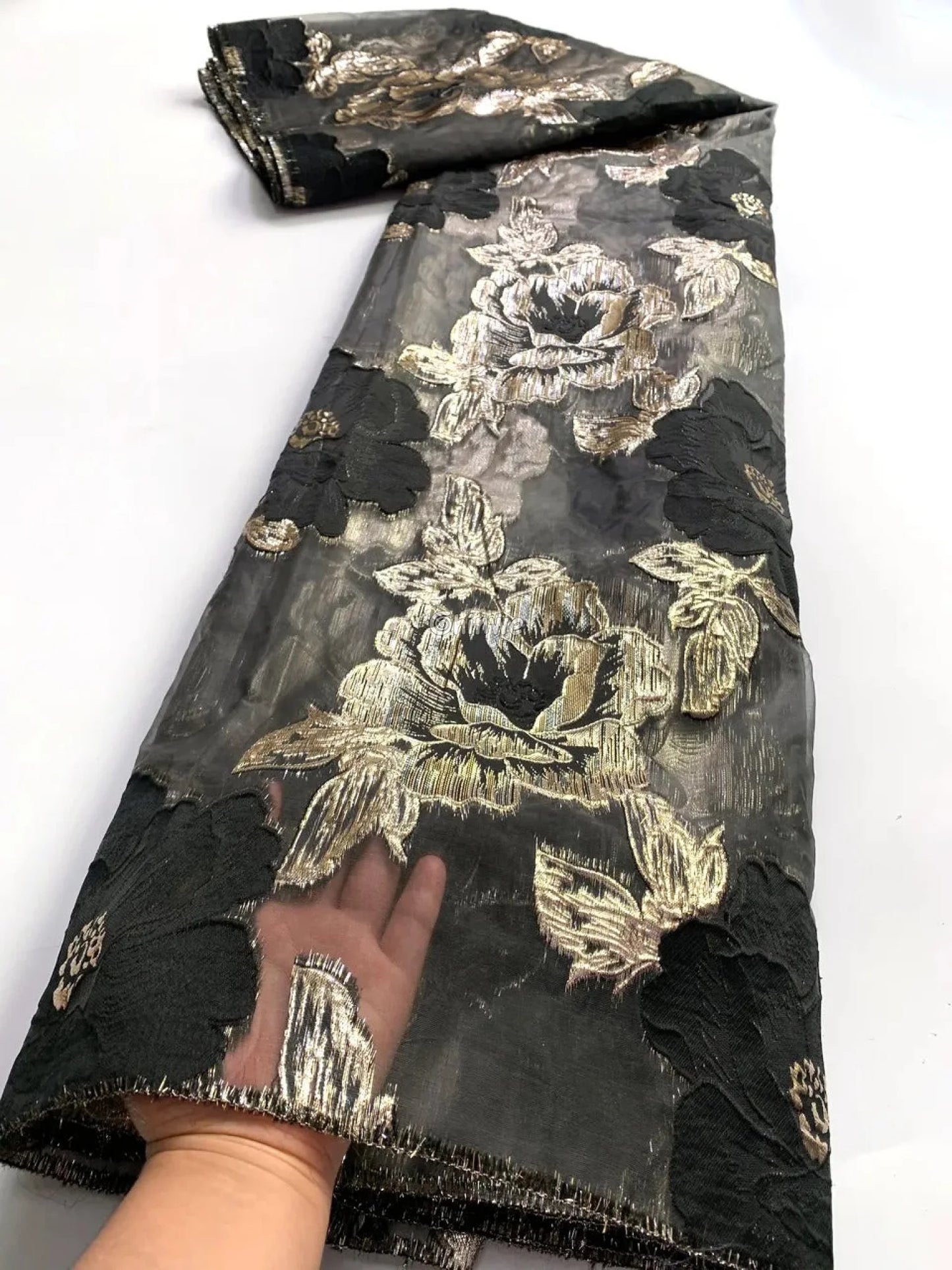 Jacquard Brocade Floral Lace Fabric with Metallic Embroidery and Sheer Mesh Backing Overlay Lace