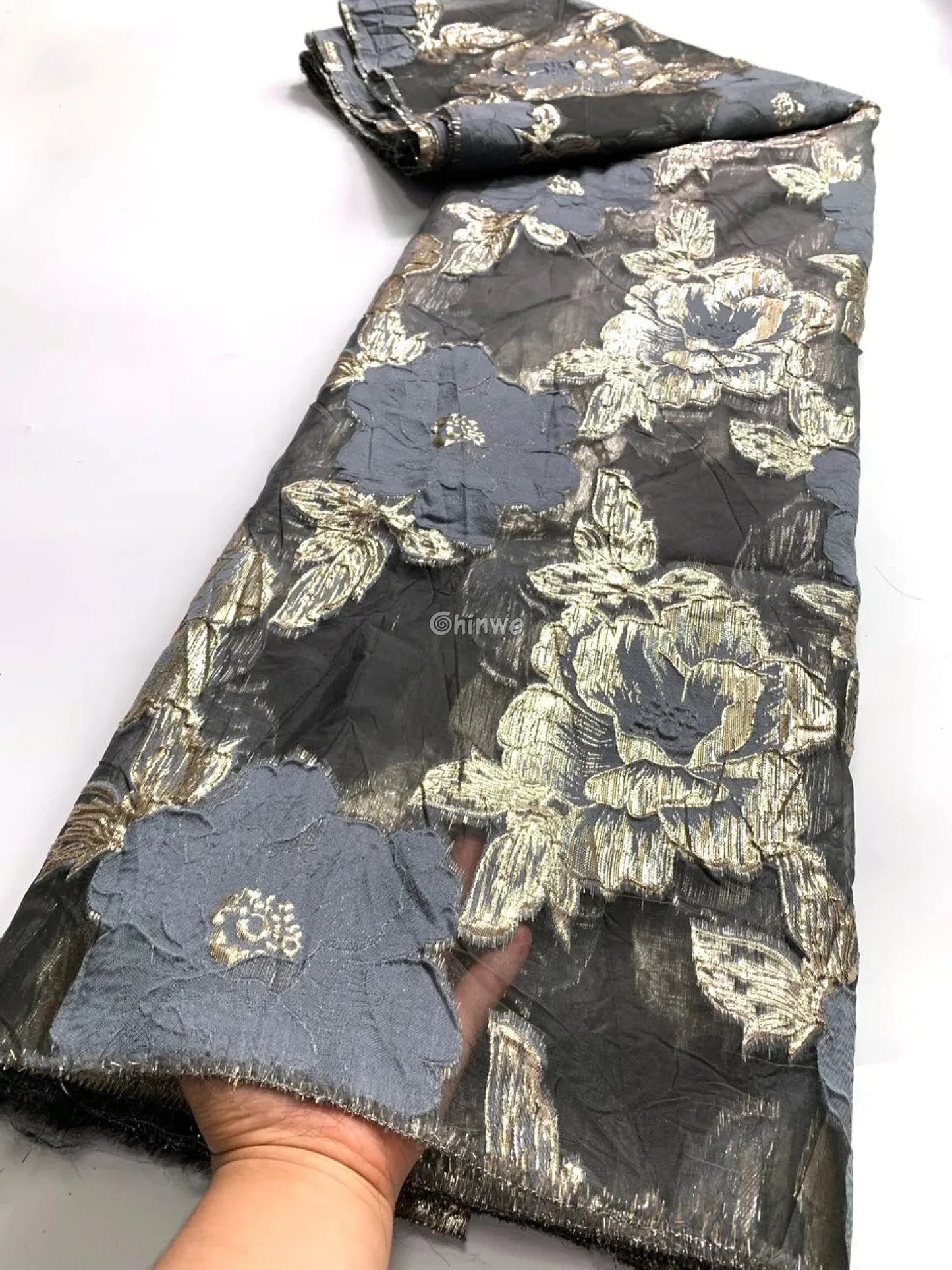 Jacquard Brocade Floral Lace Fabric with Metallic Embroidery and Sheer Mesh Backing Overlay Lace