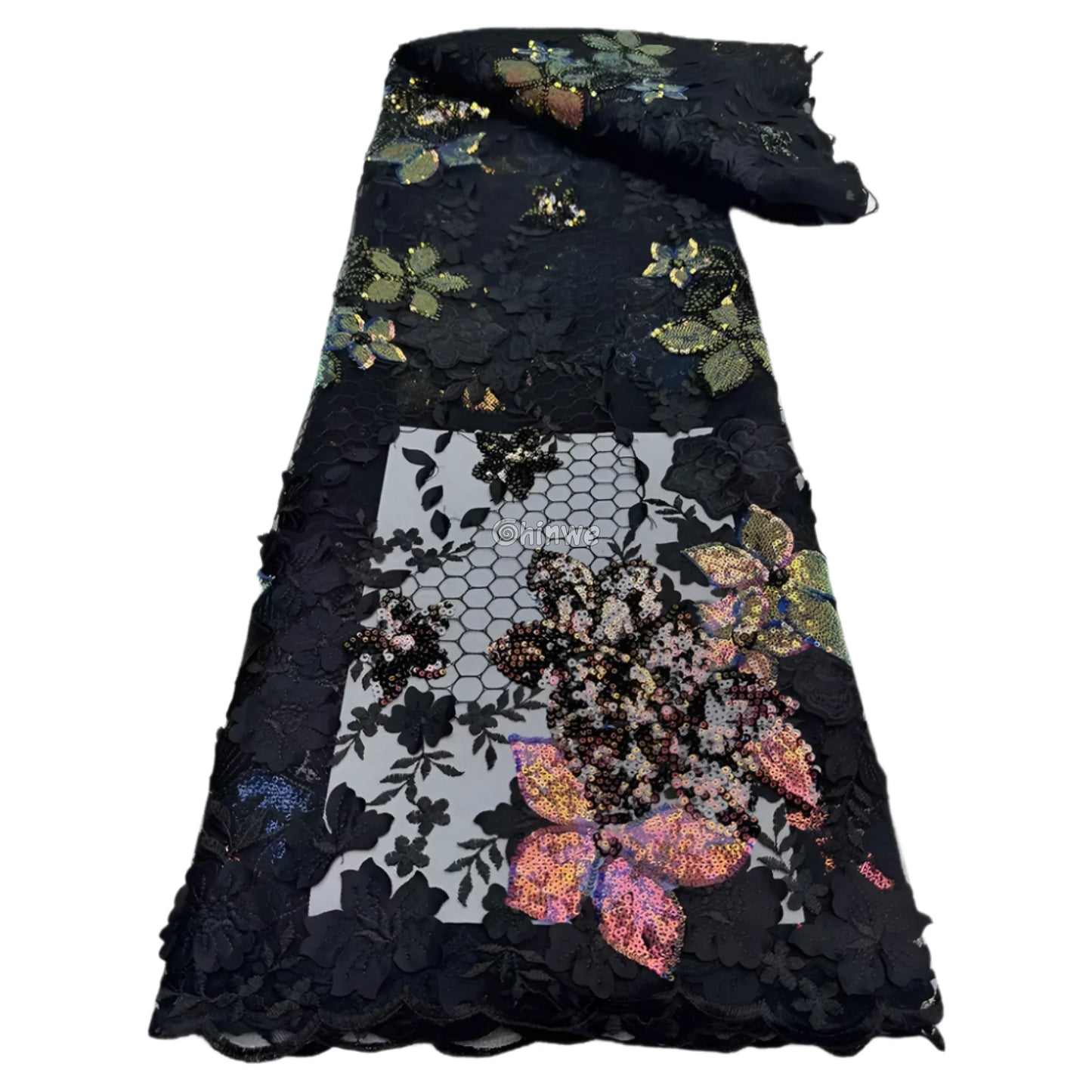 Embroidered 3D Sequin Lace Fabric with Floral Appliqué on Soft Tulle Mesh for Couture Sewing Projects Lace