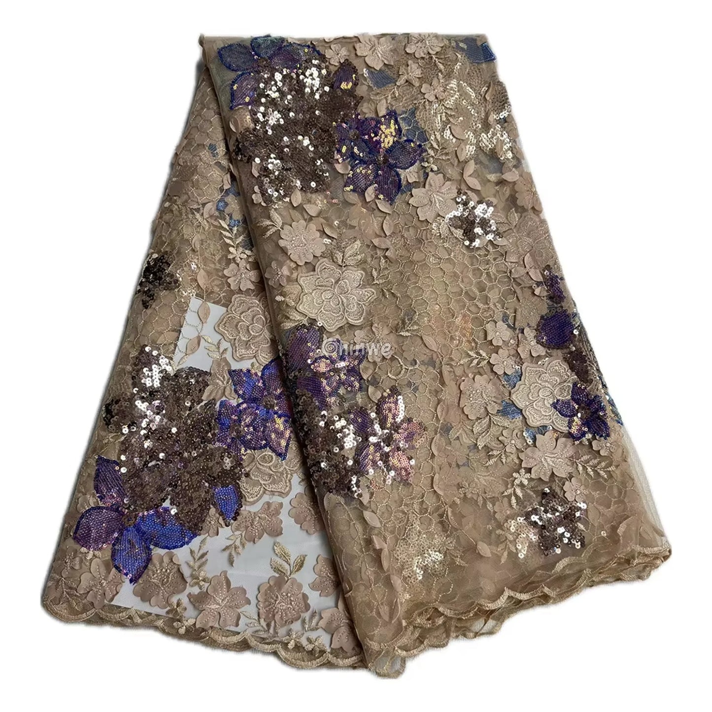 Embroidered 3D Sequin Lace Fabric with Floral Appliqué on Soft Tulle Mesh for Couture Sewing Projects Lace