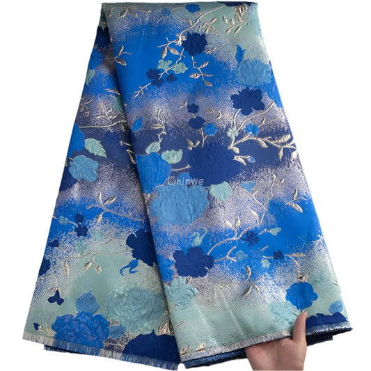 Floral Metallic Brocade Jacquard Fabric – Multicolor Ombre Shine with Embroidered Flowers Galaxy Blue Pink Damask Lace