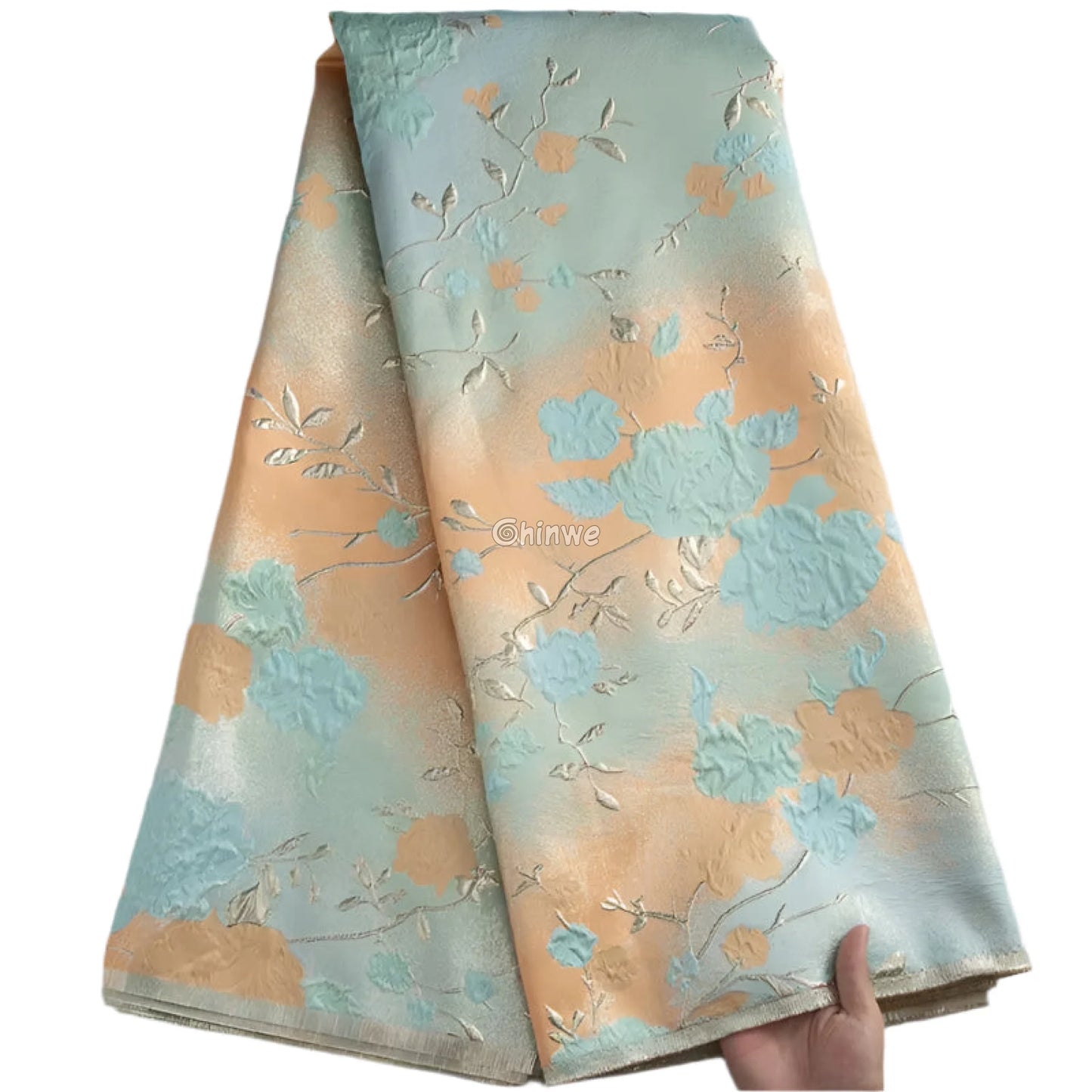 Floral Metallic Brocade Jacquard Fabric – Multicolor Ombre Shine with Embroidered Flowers Sky Peach Bloom Brocade Lace
