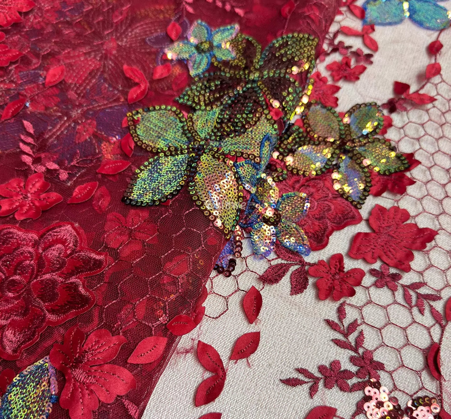 Embroidered 3D Sequin Lace Fabric with Floral Appliqué on Soft Tulle Mesh for Couture Sewing Projects Lace