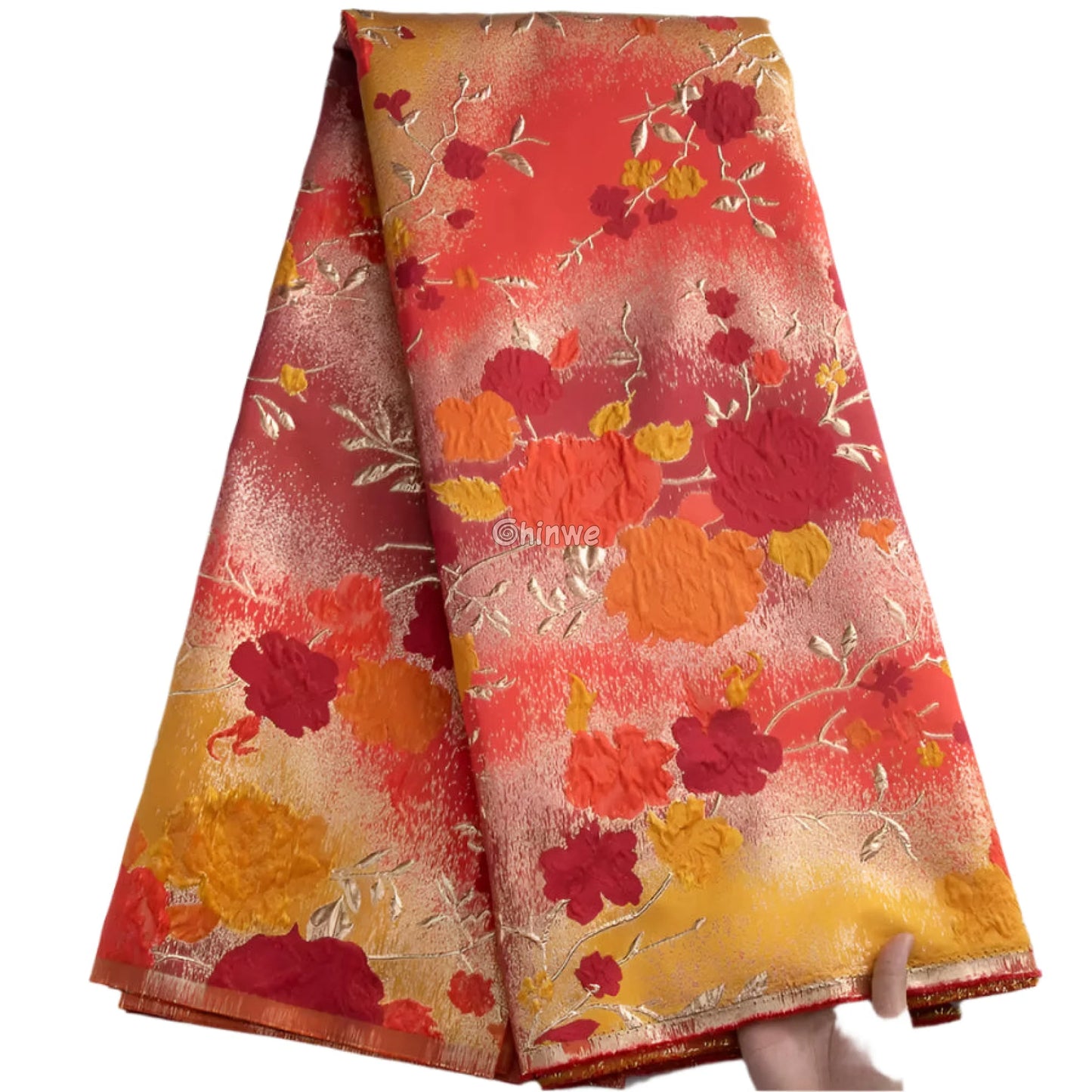 Floral Metallic Brocade Jacquard Fabric – Multicolor Ombre Shine with Embroidered Flowers Sunset Petal Brocade Lace