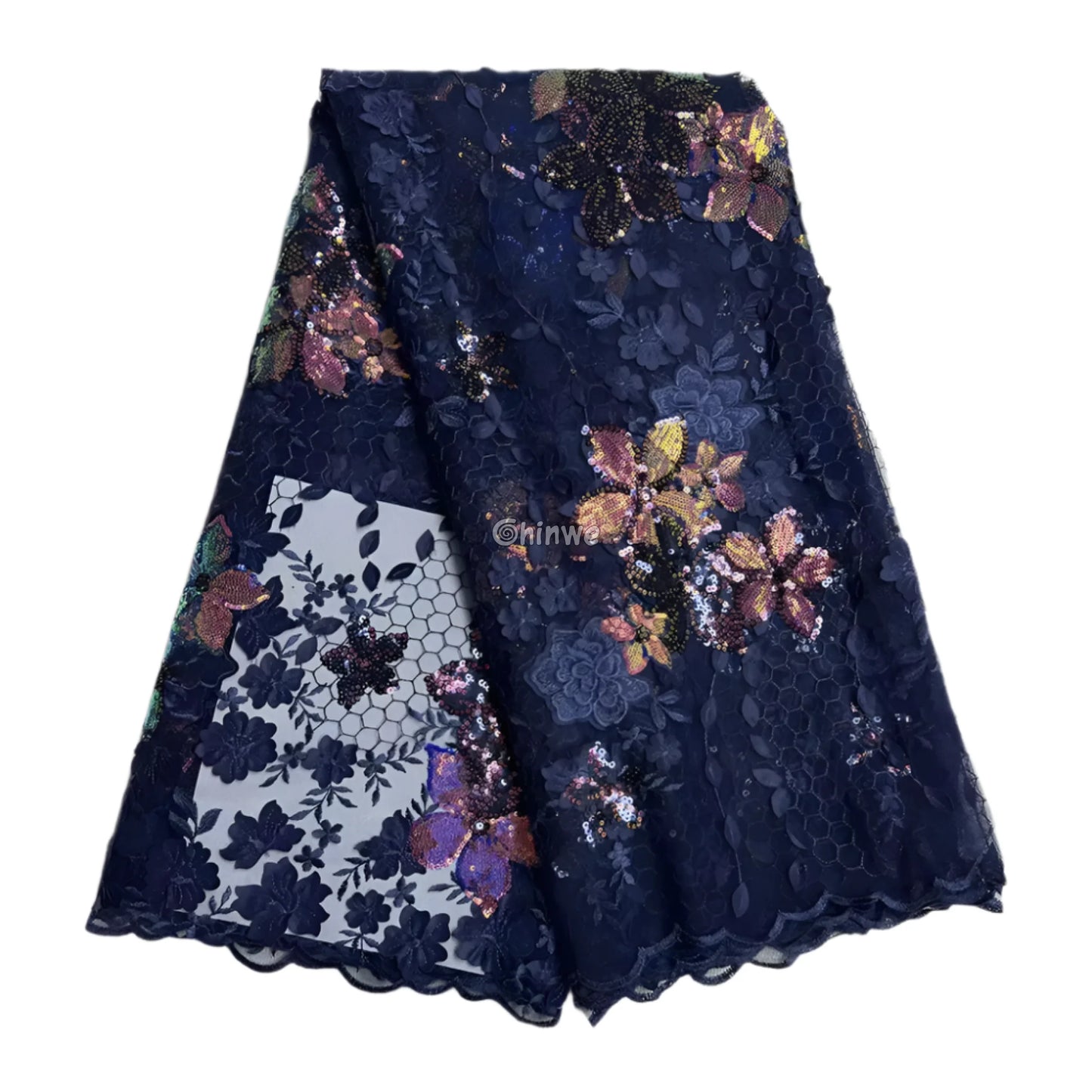 Embroidered 3D Sequin Lace Fabric with Floral Appliqué on Soft Tulle Mesh for Couture Sewing Projects Lace