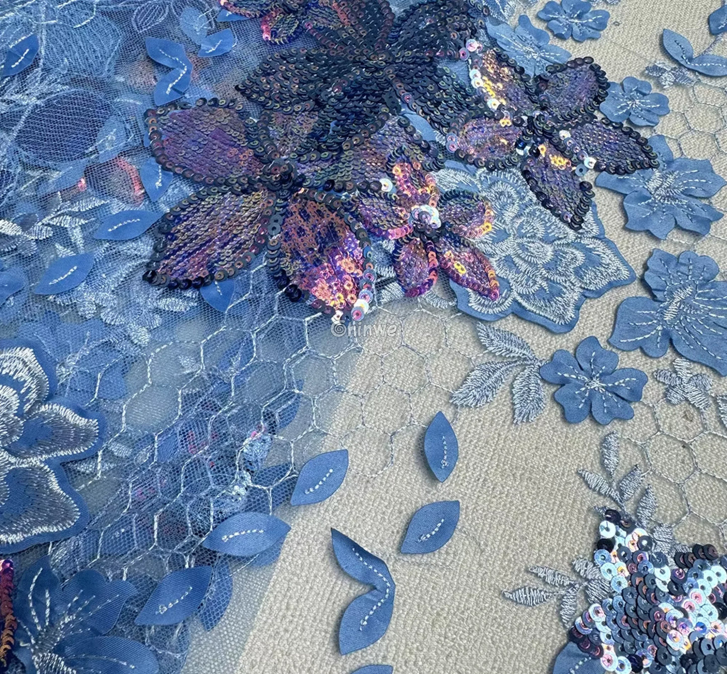 Embroidered 3D Sequin Lace Fabric with Floral Appliqué on Soft Tulle Mesh for Couture Sewing Projects Lace