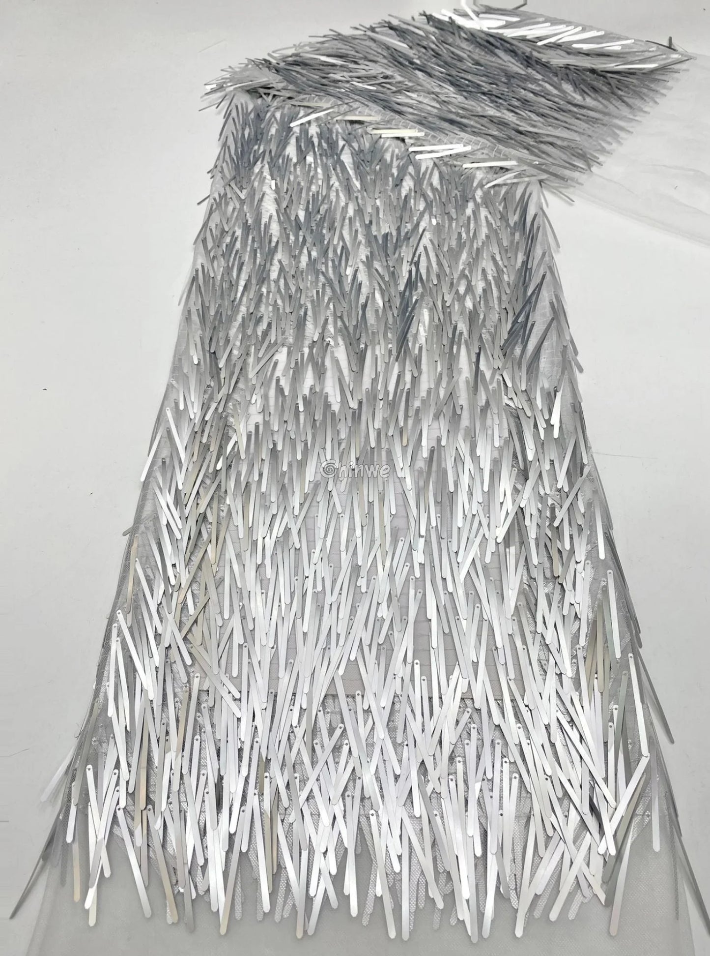 Iridescent Sequin Tinsel Fringe Fabric with Layered Shimmer Strips and Sheer Mesh Base Lace
