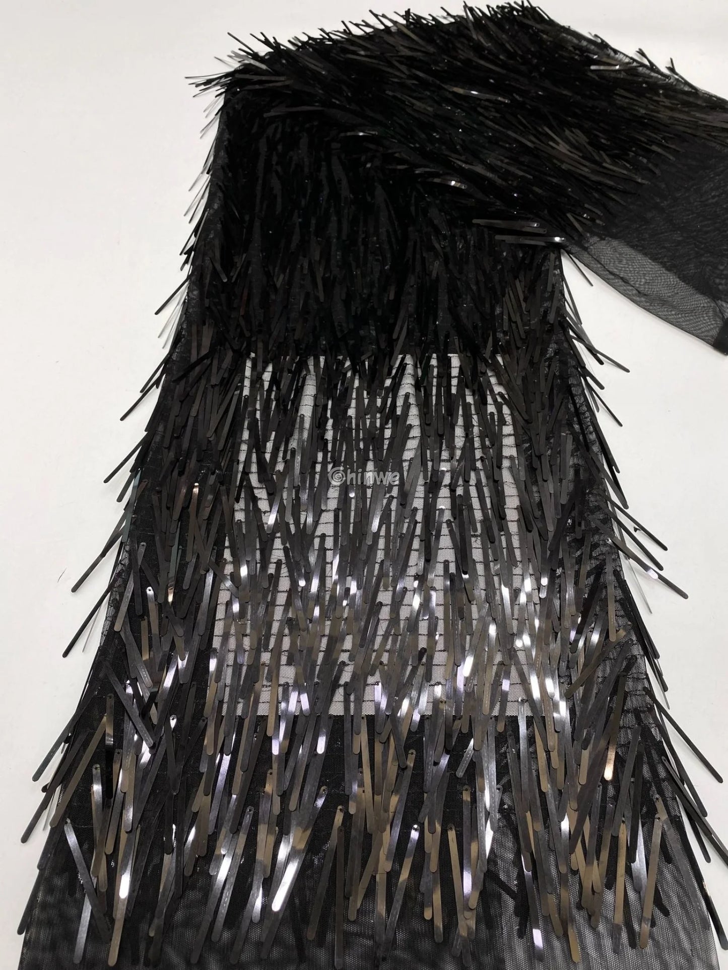 Iridescent Sequin Tinsel Fringe Fabric with Layered Shimmer Strips and Sheer Mesh Base Lace
