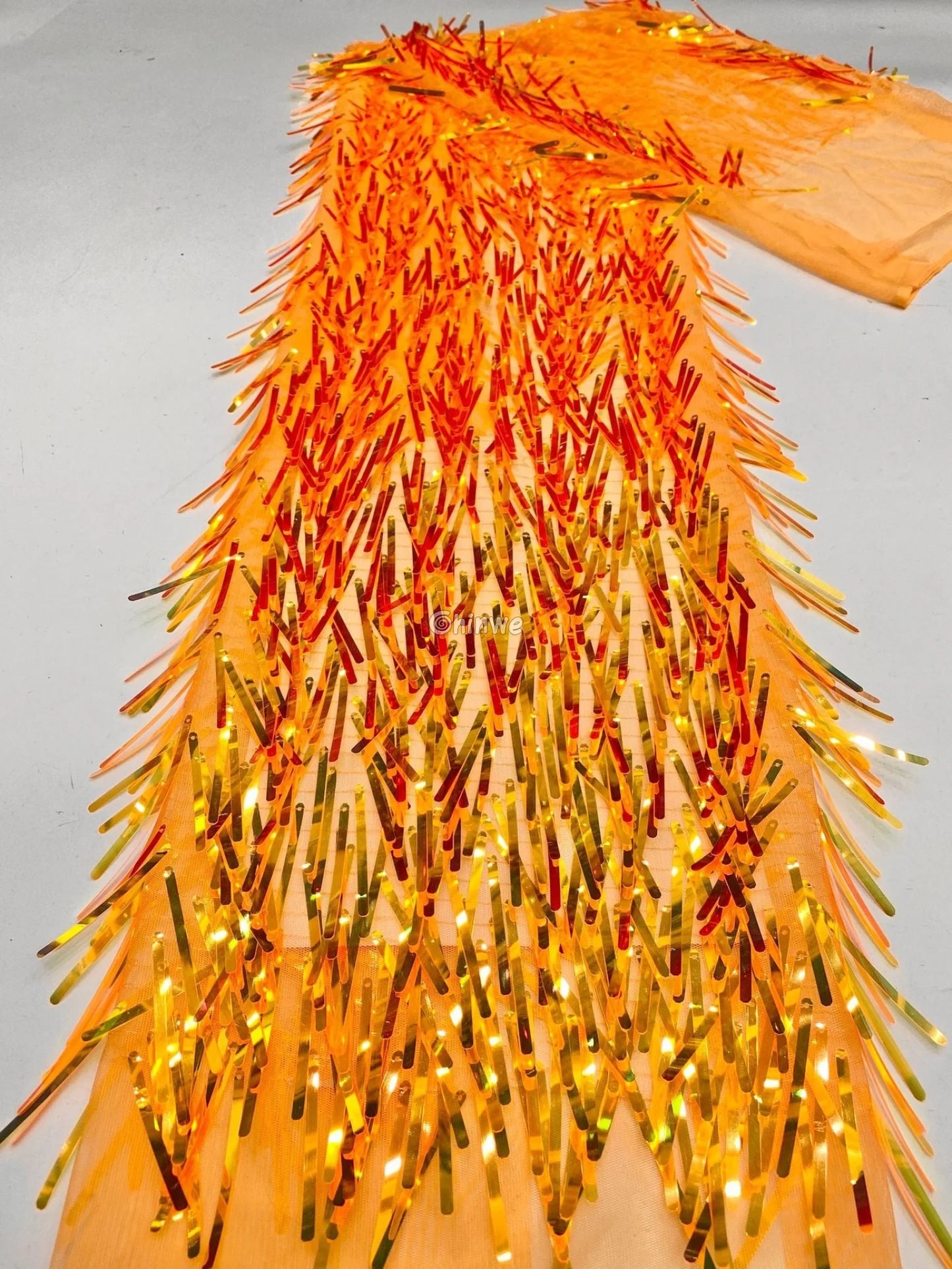 Iridescent Sequin Tinsel Fringe Fabric with Layered Shimmer Strips and Sheer Mesh Base Lace