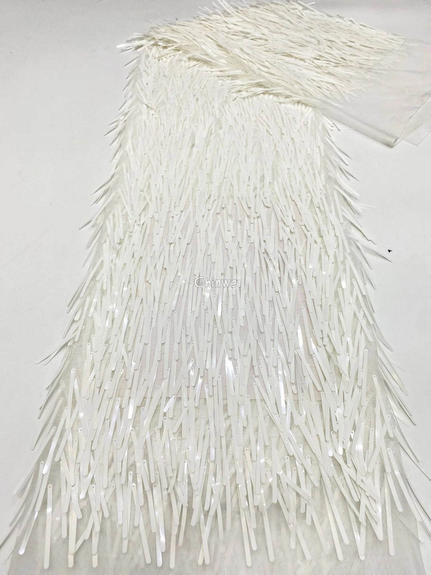 Iridescent Sequin Tinsel Fringe Fabric with Layered Shimmer Strips and Sheer Mesh Base Lace