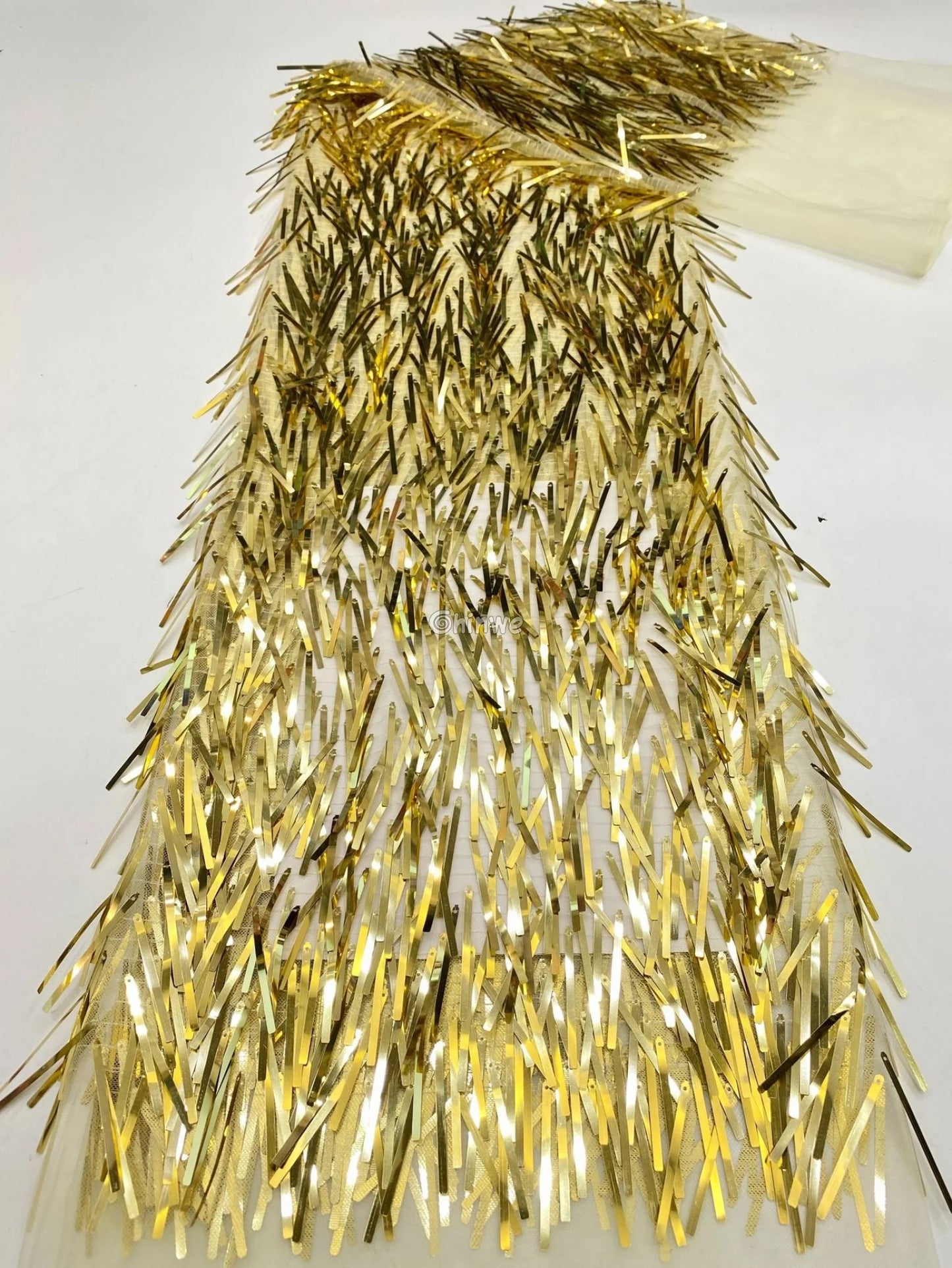 Iridescent Sequin Tinsel Fringe Fabric with Layered Shimmer Strips and Sheer Mesh Base Lace