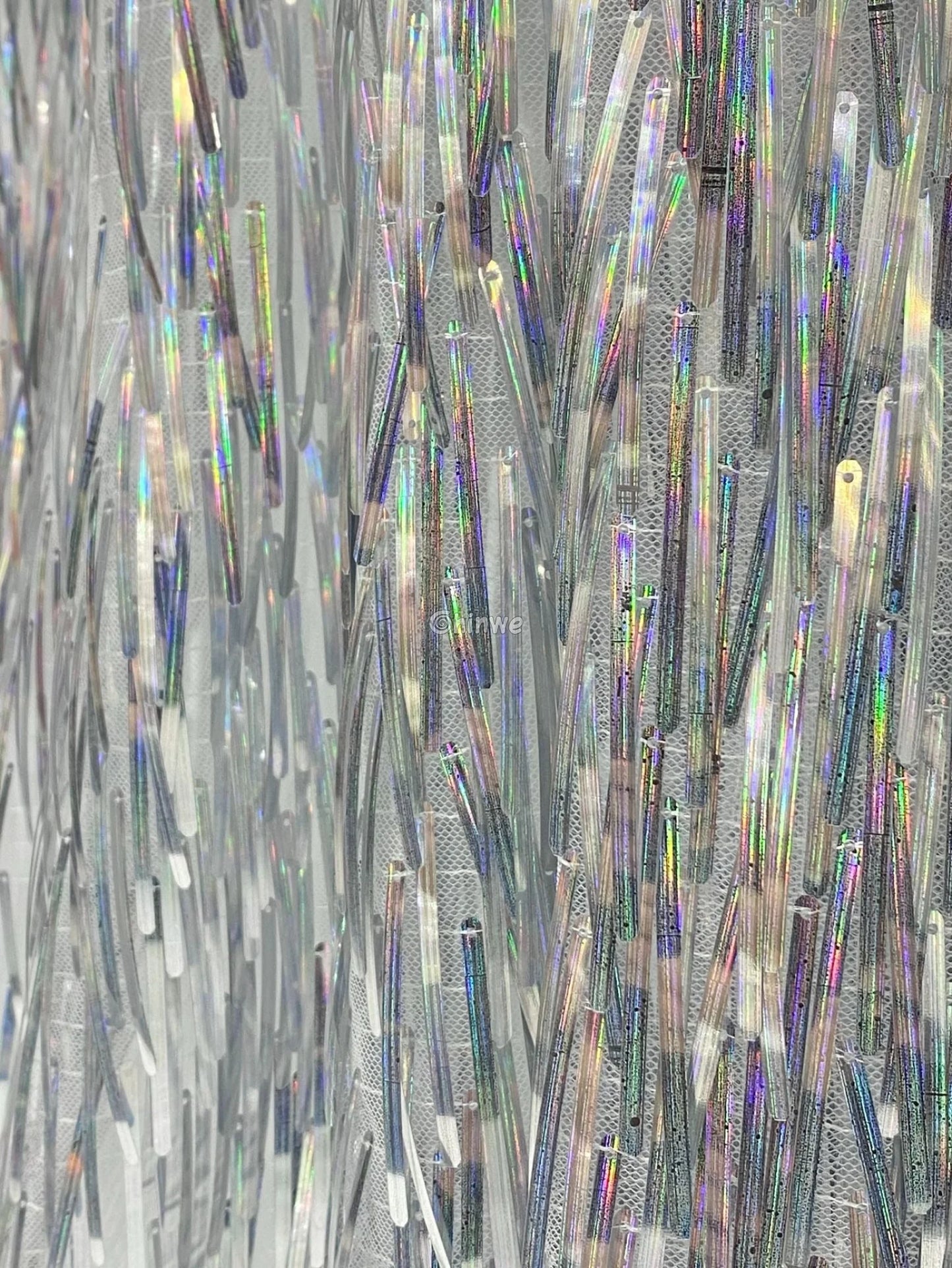 Iridescent Sequin Tinsel Fringe Fabric with Layered Shimmer Strips and Sheer Mesh Base Lace