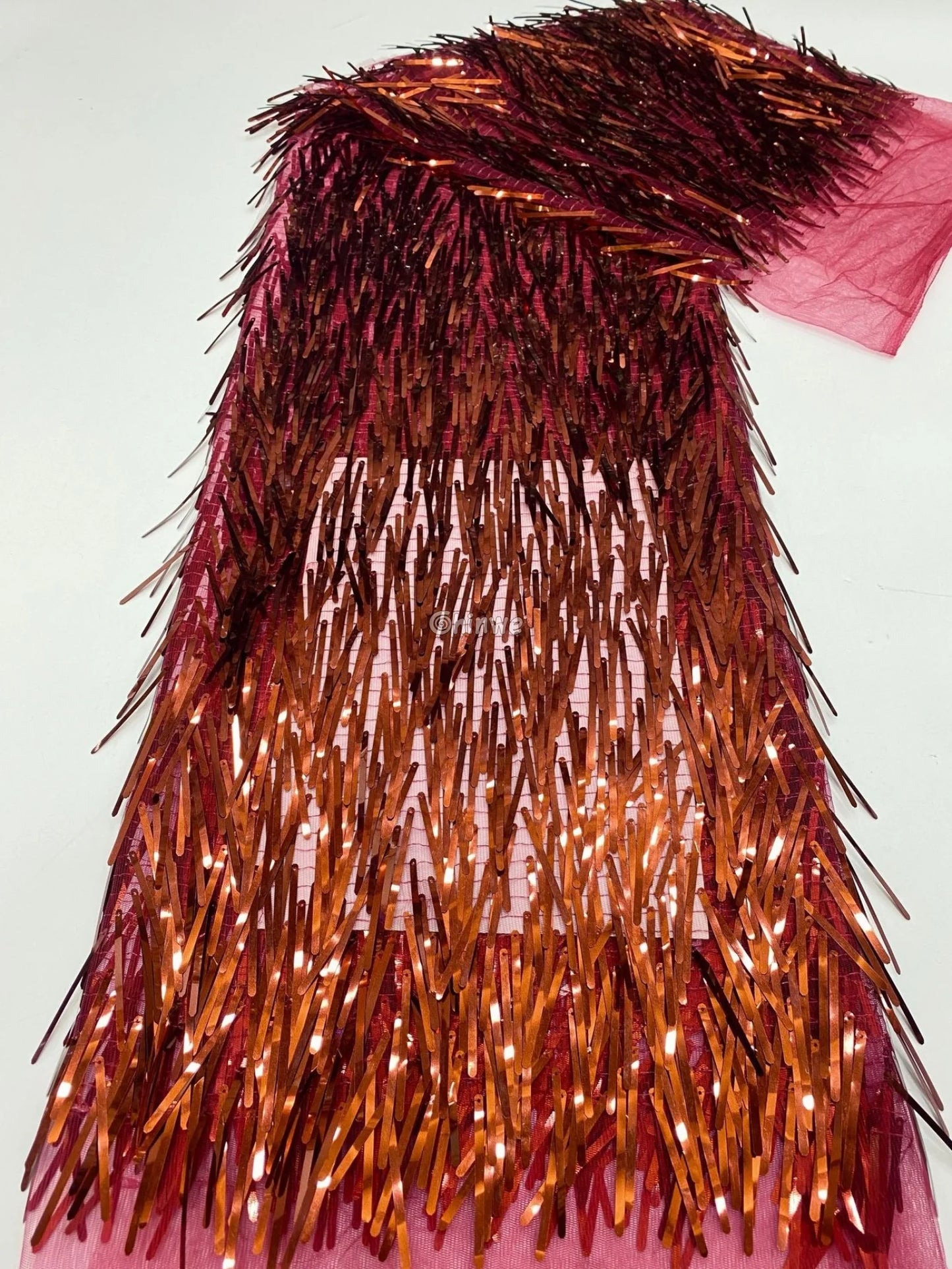 Iridescent Sequin Tinsel Fringe Fabric with Layered Shimmer Strips and Sheer Mesh Base Lace