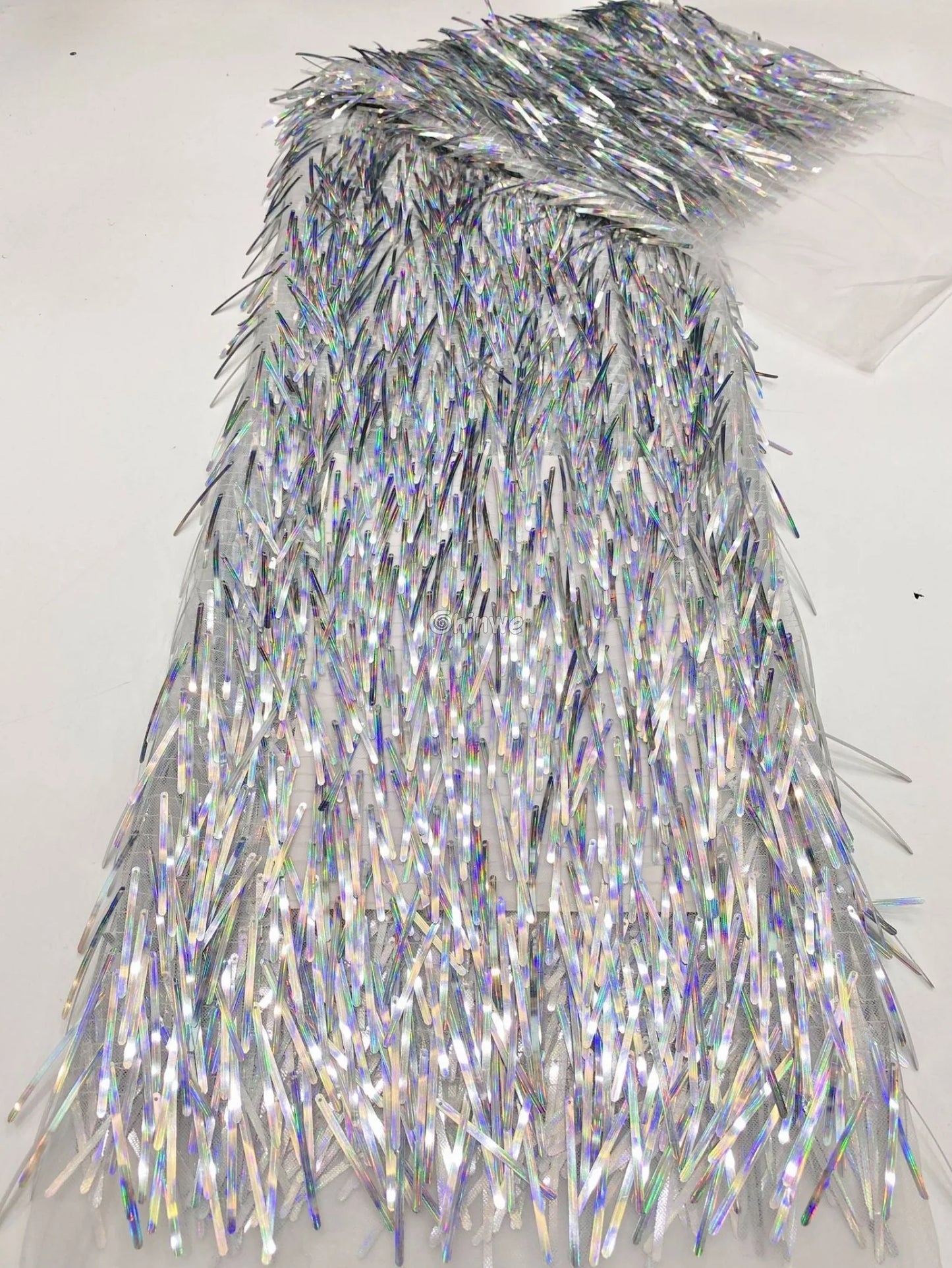 Iridescent Sequin Tinsel Fringe Fabric with Layered Shimmer Strips and Sheer Mesh Base Lace