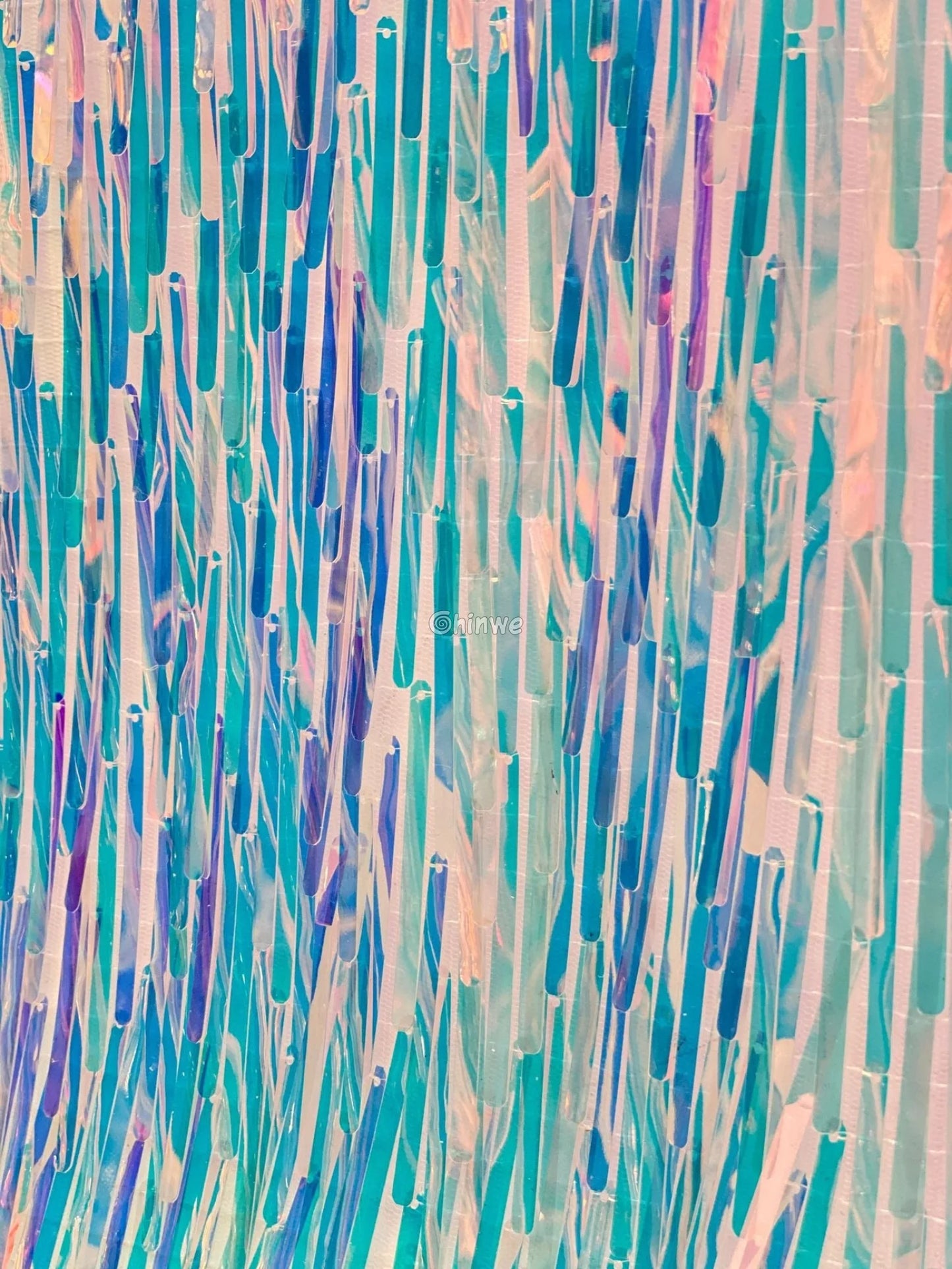 Iridescent Sequin Tinsel Fringe Fabric with Layered Shimmer Strips and Sheer Mesh Base Lace