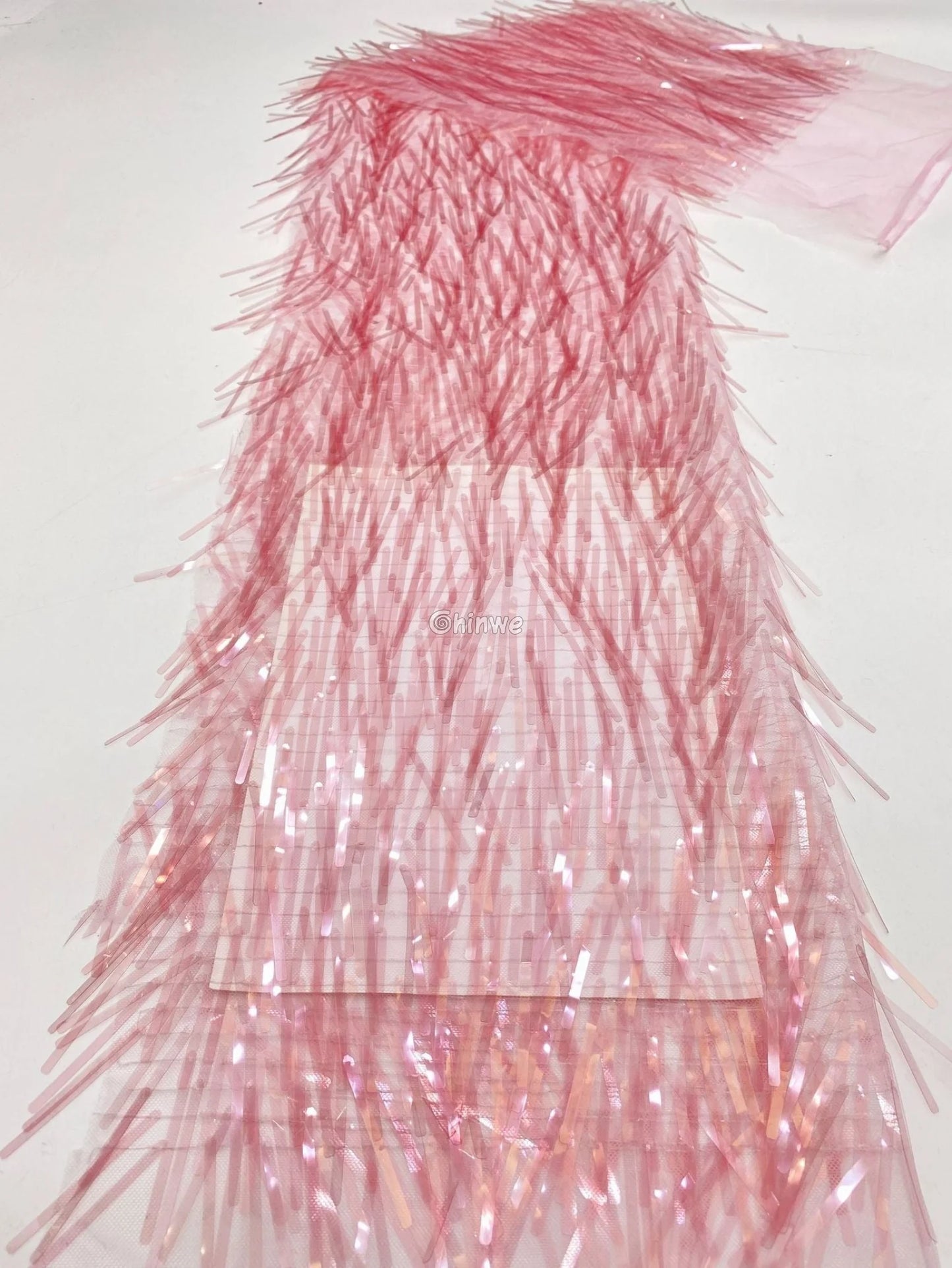 Iridescent Sequin Tinsel Fringe Fabric with Layered Shimmer Strips and Sheer Mesh Base Lace