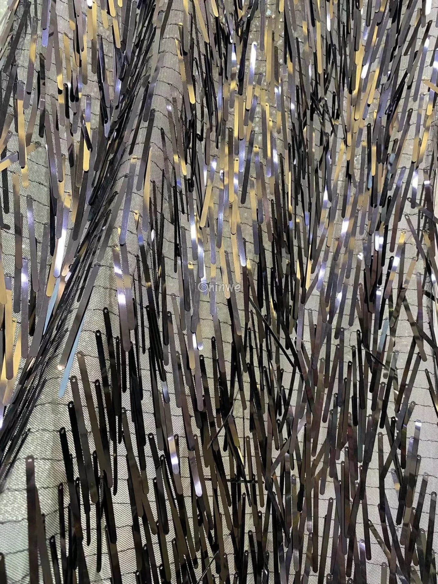 Iridescent Sequin Tinsel Fringe Fabric with Layered Shimmer Strips and Sheer Mesh Base Lace