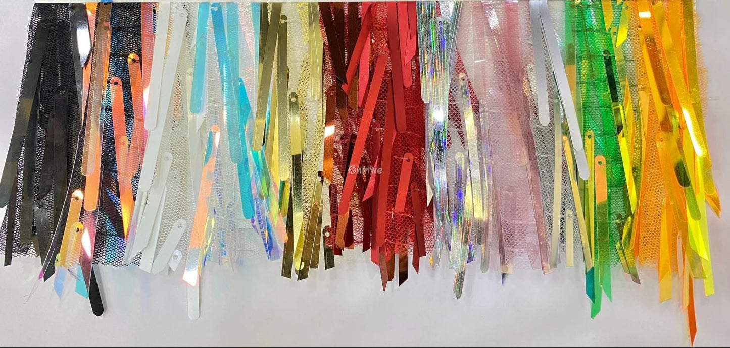 Iridescent Sequin Tinsel Fringe Fabric with Layered Shimmer Strips and Sheer Mesh Base Lace