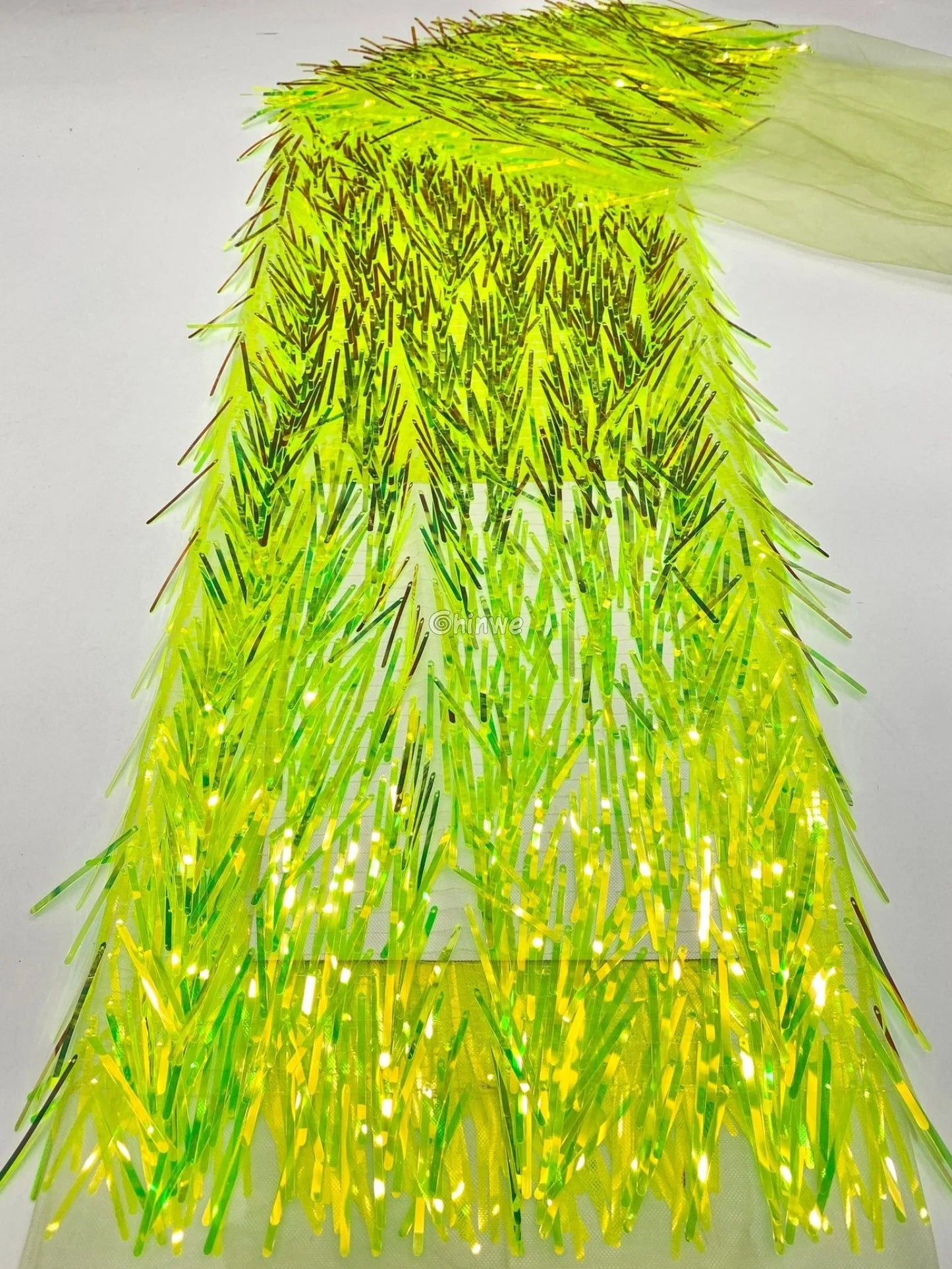 Iridescent Sequin Tinsel Fringe Fabric with Layered Shimmer Strips and Sheer Mesh Base Lace