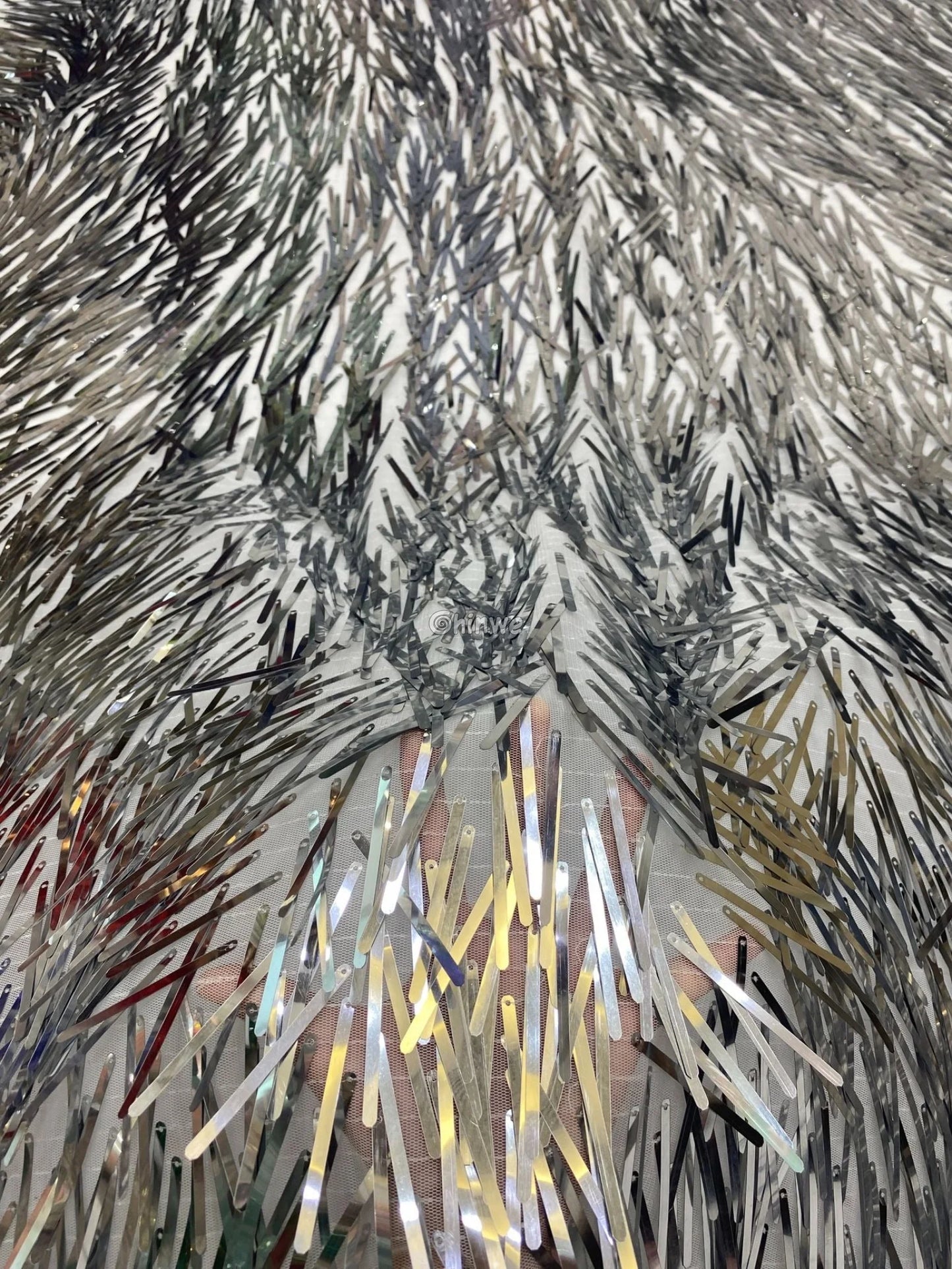 Iridescent Sequin Tinsel Fringe Fabric with Layered Shimmer Strips and Sheer Mesh Base Lace