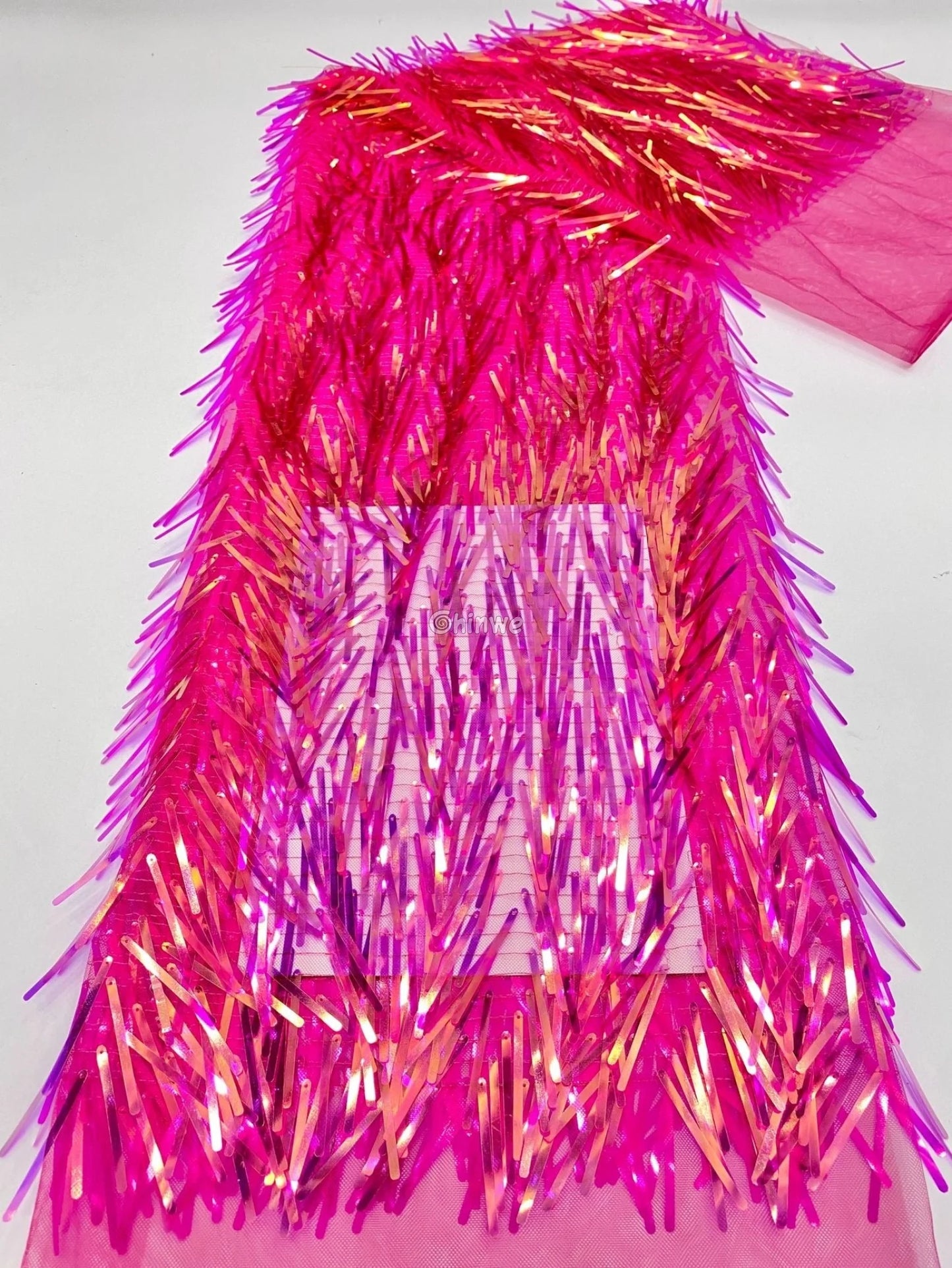Iridescent Sequin Tinsel Fringe Fabric with Layered Shimmer Strips and Sheer Mesh Base Lace